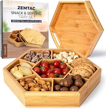 Snack and Serving Tray Set 13" Divided Bamboo Appetizer Platter for Dry Fruit, Nuts, Cheese and Charcuterie Bamboo, 13"x11"