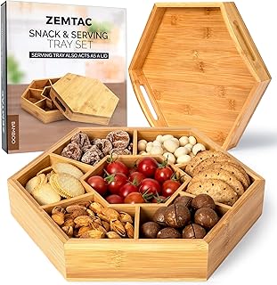 Snack and Serving Tray Set – 13" Divided Bamboo Appetizer Platter for Dry Fruit, Nuts, Cheese and Charcuterie (Bamboo, 13"x11")