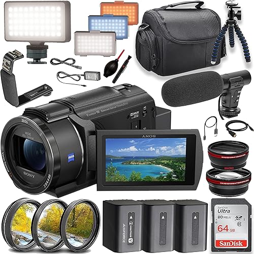 Sony FDR-AX43 UHD 4K Handycam Videocámara con tarjeta de memoria de 64 GB + micrófono + luz de video LED y más