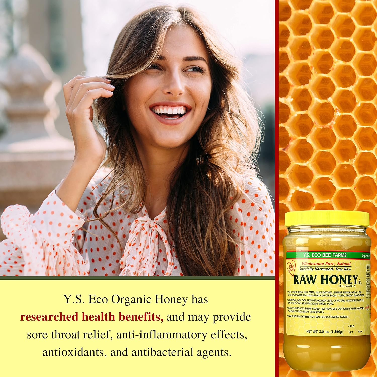 Y.S. Eco Bee Farms, Wholesome Natural Raw Honey, Unpasteurized, Unfiltered, Fresh Raw State, Kosher, Pure, Natural, Healthy, Safe, Gluten Free, Specially Harvested, 3lb - 1 Count with Bonus Key Chain