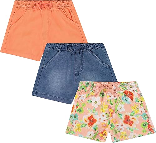 BTween Paquete de 3 pantalones cortos tejidos ligeros y multicolor para niñas, mezcla de algodón, tallas 4-16, máxima diversión para el uso diario