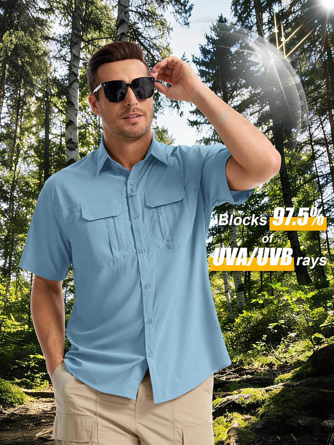 Men's Short Sleeve Safari Fishing Shirt with Multi-Pockets, Sun Protection, Quick Dry Lightweight Shirt for Hiking Camping
