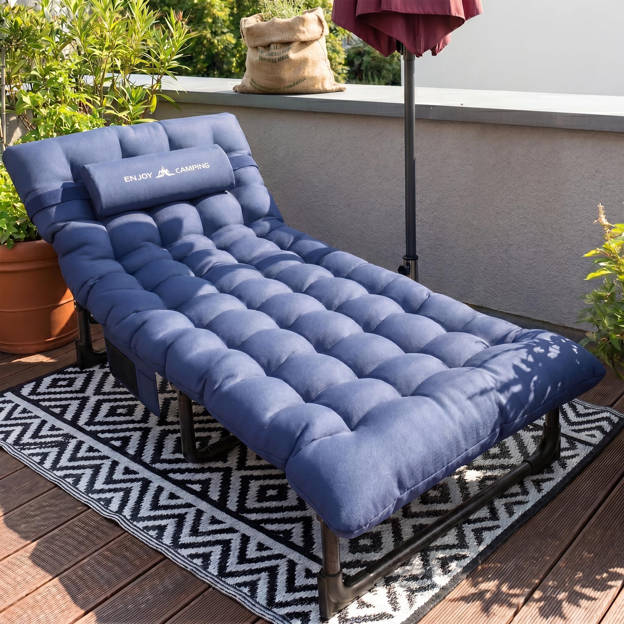 UDPATIO Transat Jardin Extérieur avec Coussin - Bain de Soleil avec Poches Latérales et Appui-tête Adjustable - Chaise Longue Réglable et Pliable (200x69x34 cm) - Bleu