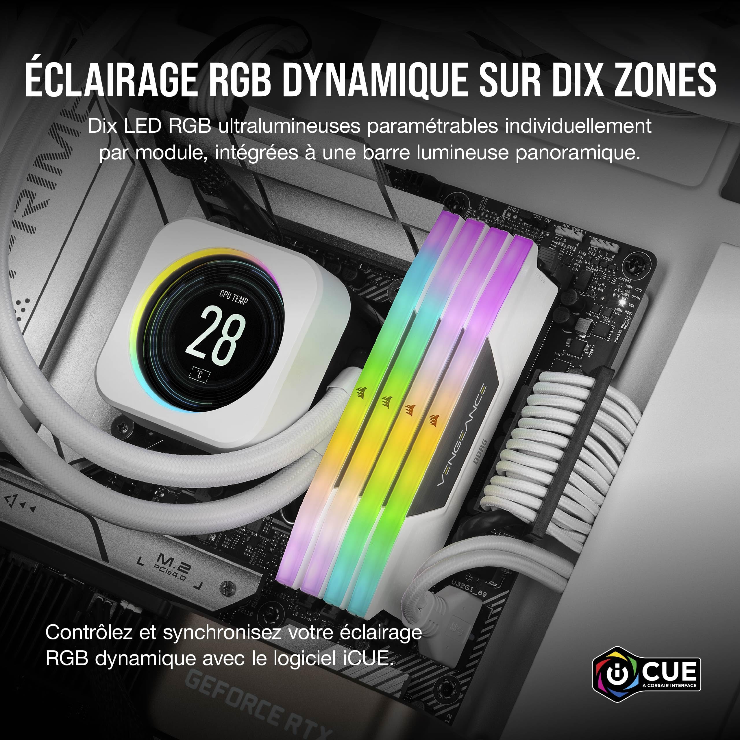 CORSAIR Vengeance RGB DDR5 RAM 32Go (2x16Go) Jusqu'à 6000MHz CL36 Intel XMP Mémoire Informatique Compatible iCUE - Blanc (CMH32GX5M2E6000C36W)