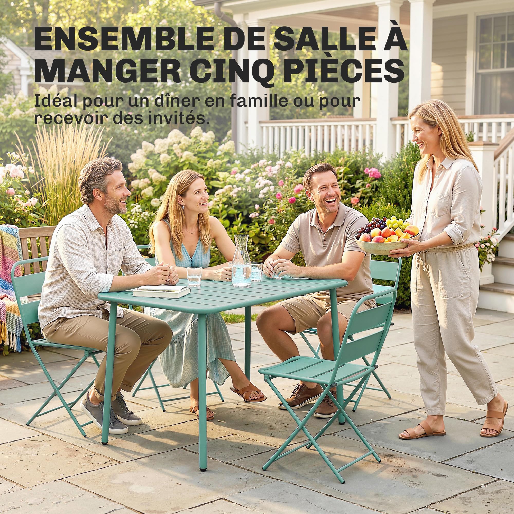 Outsunny Ensemble de Salle à Manger Extérieur 5 Pièces, 4 Personnes, Plateau à Lattes, Chaises Pliantes, Cadre Antirouille, Vert Clair