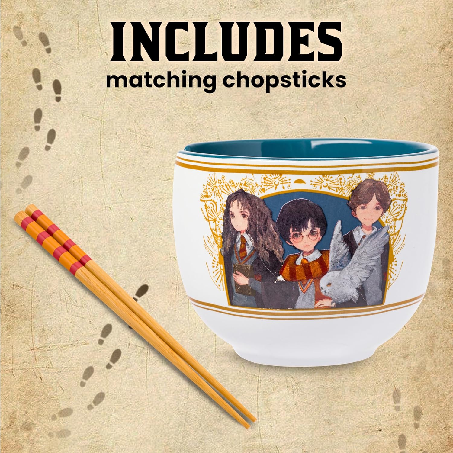 Silver Buffalo Harry Potter Trio Anime Style Ceramic Ramen Noodle Rice Bowl with Chopsticks, Microwave Safe, 20 Ounces - Image 3