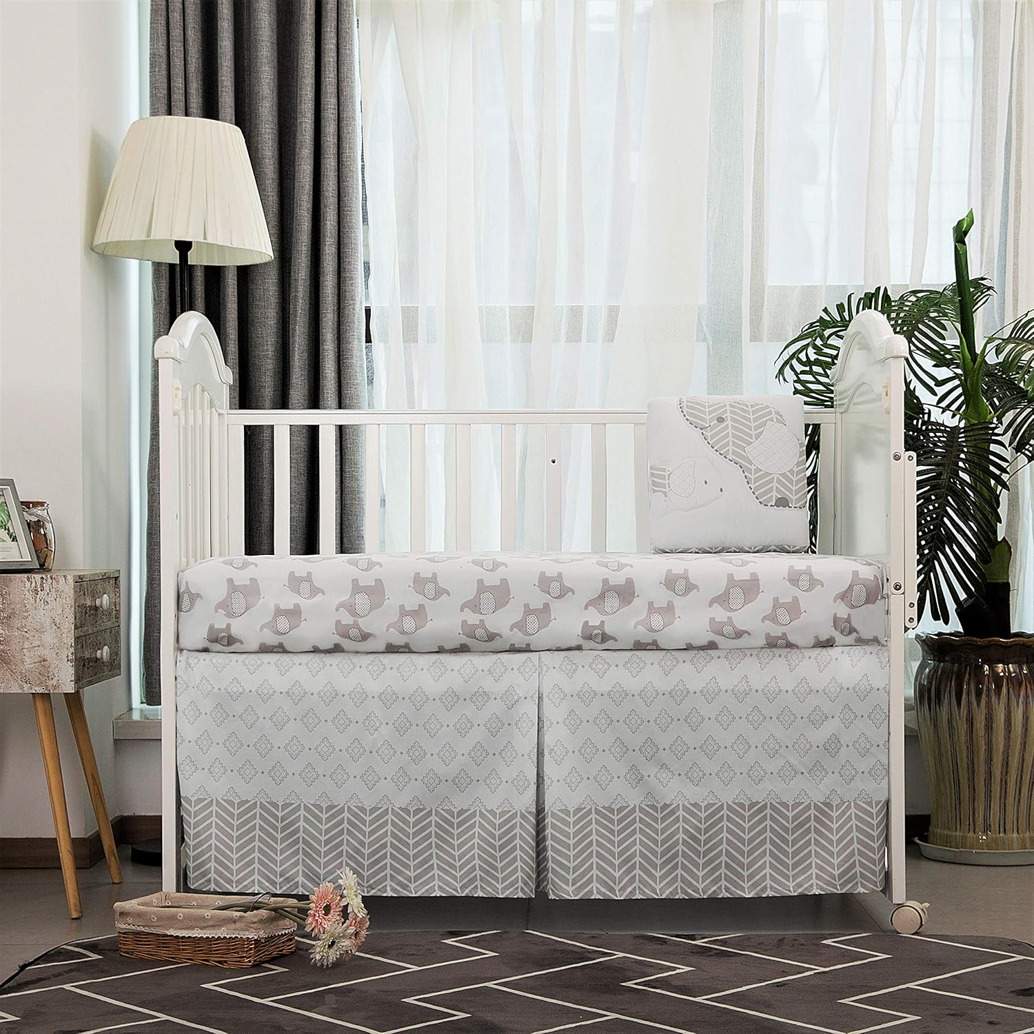 La Premura Baby Elephants Nursery Crib Bedding Sets – Gray Elephants & Puppy 3 Piece Standard Size Grey Crib Set - Unisex Nursey Bedding and Neutral Decor : Baby
