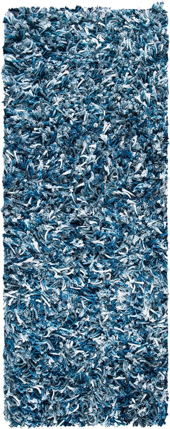 SAFAVIEH Rio Shag Collection Runner Rug - 2'3" x 6', Navy & Ivory, Handmade, 1-inch Thick Ideal for High Traffic Areas in Living Room, Bedroom (SG960N)