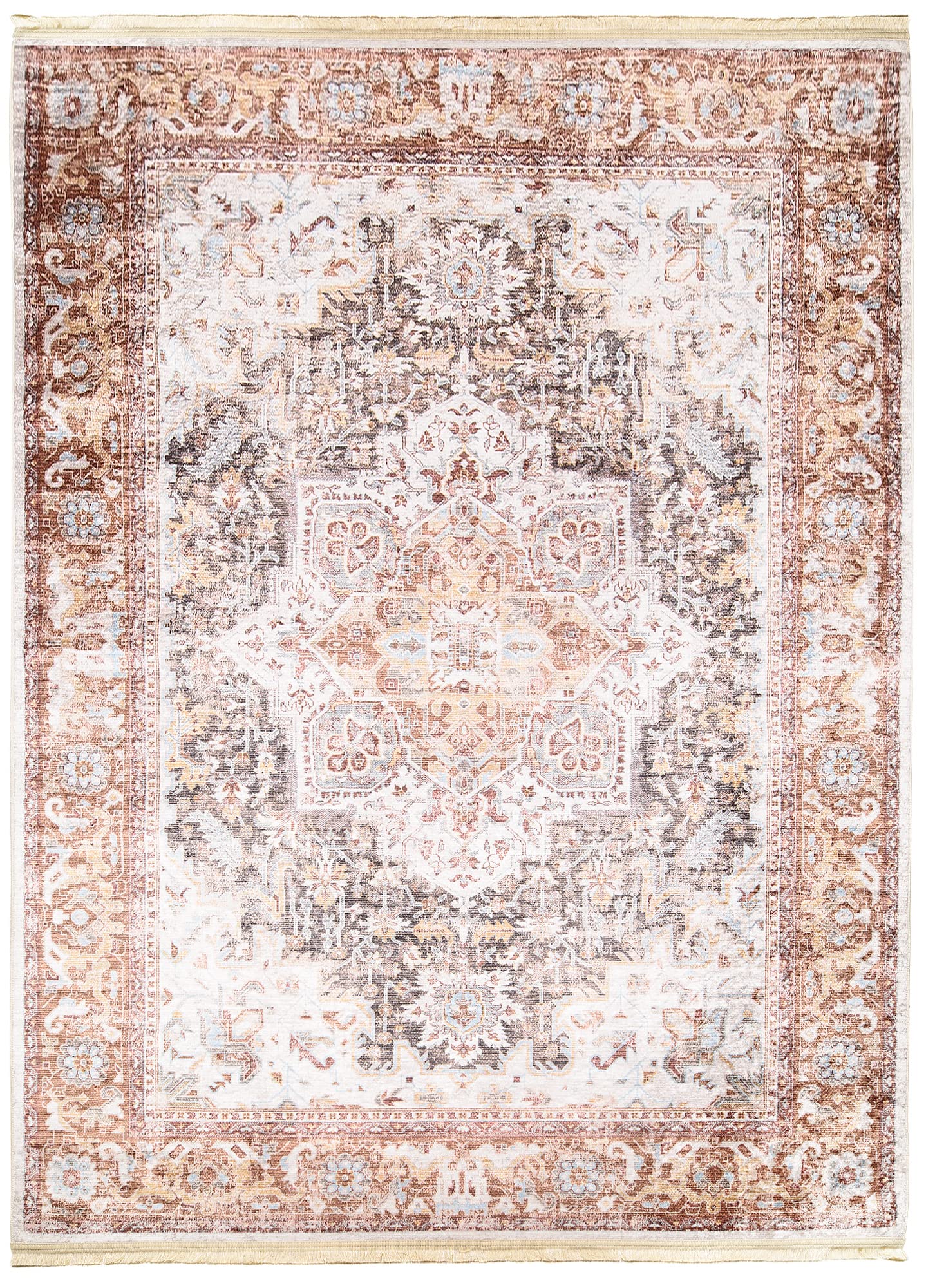 TAPISO Victoria Dywan z nadrukiem, antypoślizgowy, szary, kremowy, ornamenty, bordiura, tradycyjne frędzle, do salonu, sypialni, Öko-Tex, 160 x 230 cm