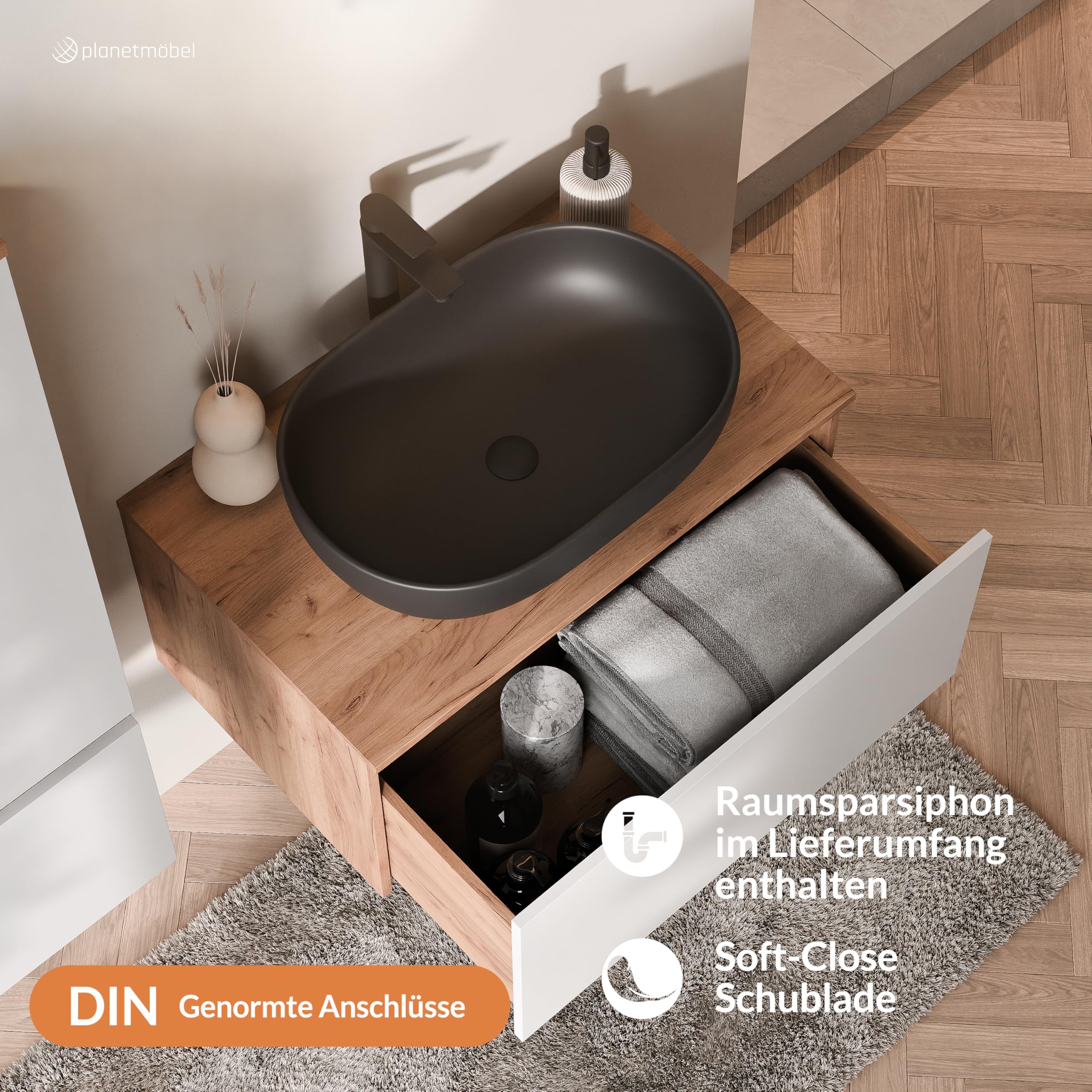 Planetmöbel Arisa Badmöbel Set Waschtisch mit Unterschrank 80 cm Gold Eiche weiß mit ARIA Spiegelschrank und Hochschrank, Waschbecken 60 cm schwarz, inkl. Raumsparsiphon