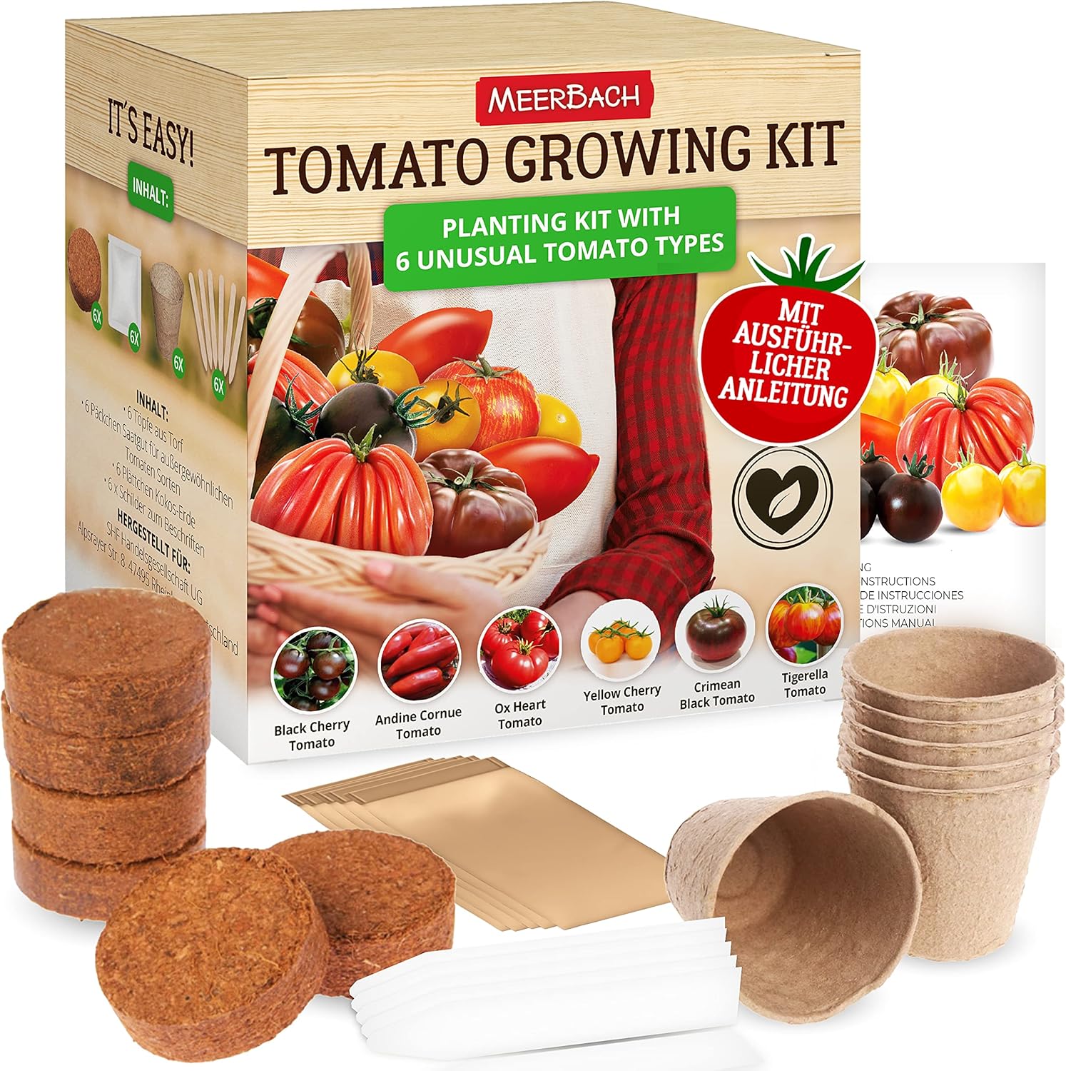 O³ Semillas Tomate Cherry & Otros - Tomate Kit 6 Tipos de Tomate - Con Discos de Coco, Macetas Bio y Marcadores - Instrucciones en Castellano