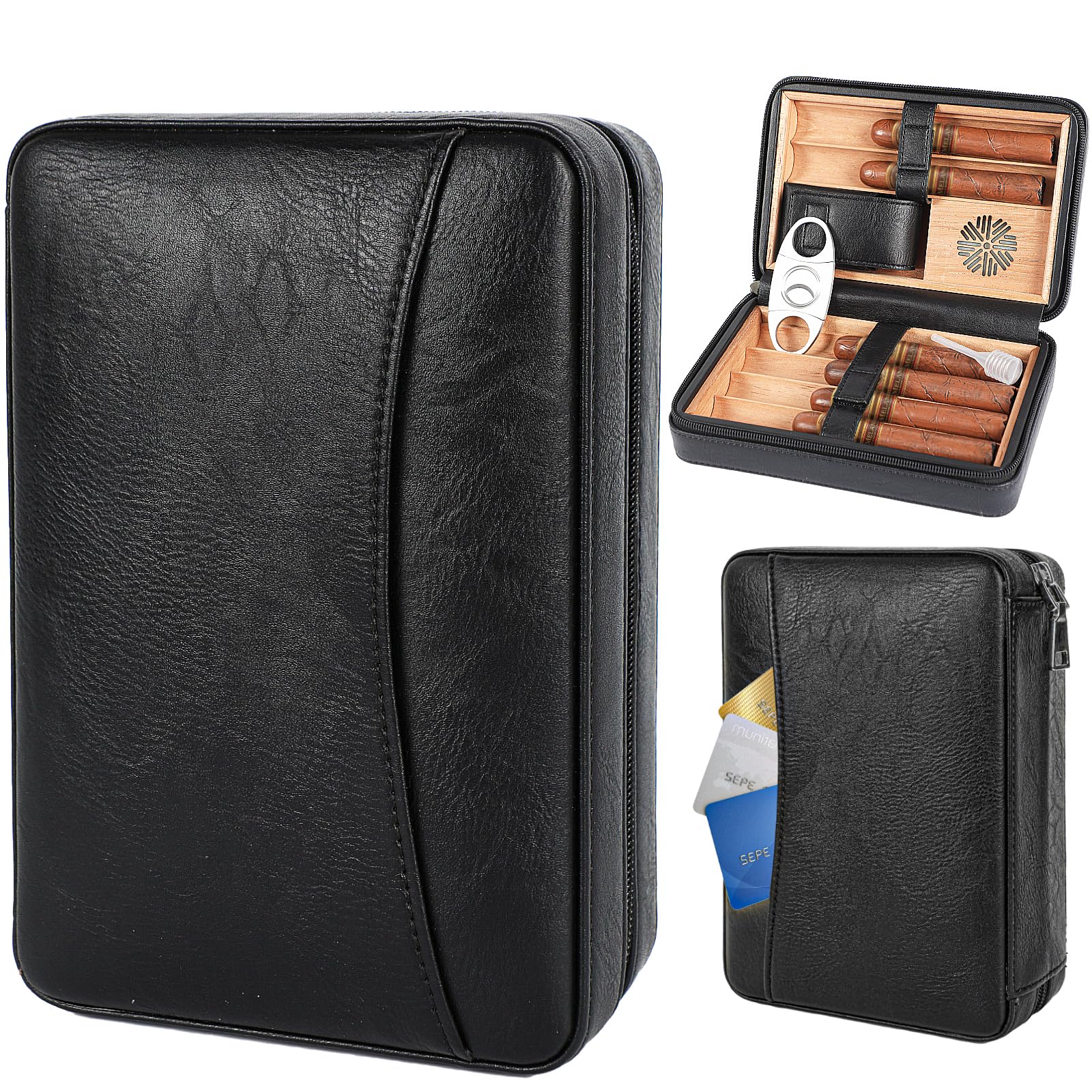 Hält6 Zigarre Portable Leder Zigarrenetui Spanisch Zedernholz Innenraum und Kartenlagerung Reise Zigarre Humidor, Zigarrenschneider Befeuchter perfekt für Geschäftsreisen Geburtstag Geschenke Vatertag