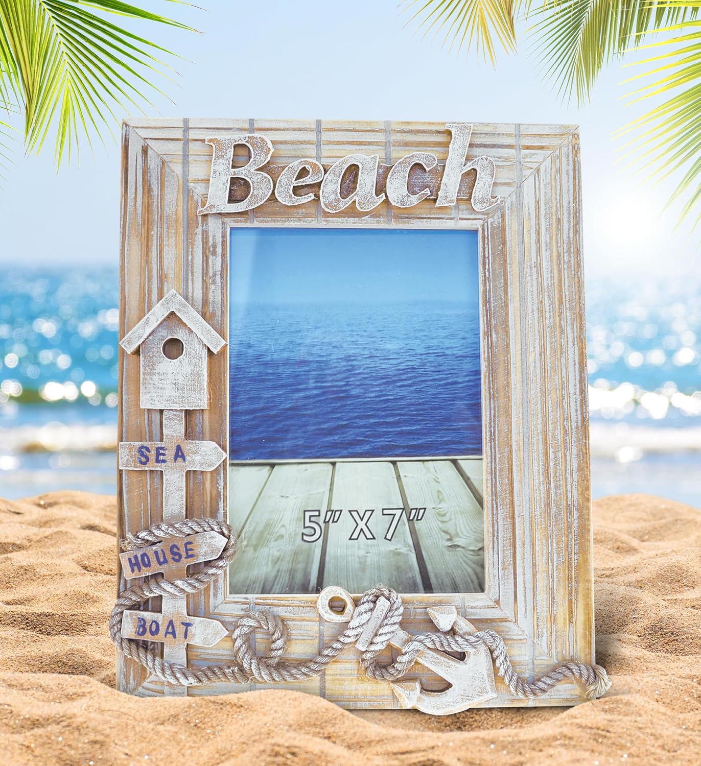 Puzzled CoTa Global Baja Wooden 5x7 Picture Frame - White Distressed Picture Frame, Handmade Beach-Themed Frame for Tabletop or Wall. Cute Frames for Vacation and Cruise - 10.5 Inches