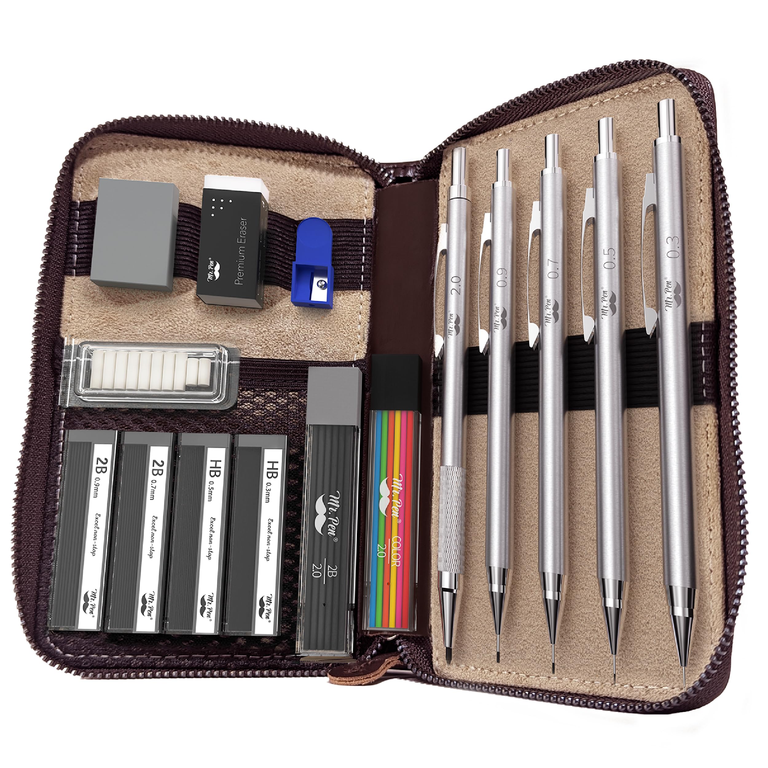 Mr. Pen- Metal Mechanical Pencil Set in Leather Case, 5 Sizes, 0.3, 0.5, 0.7, 0.9, 2mm, mechanical pencils, Sketching Pencils, Drafting Pencil