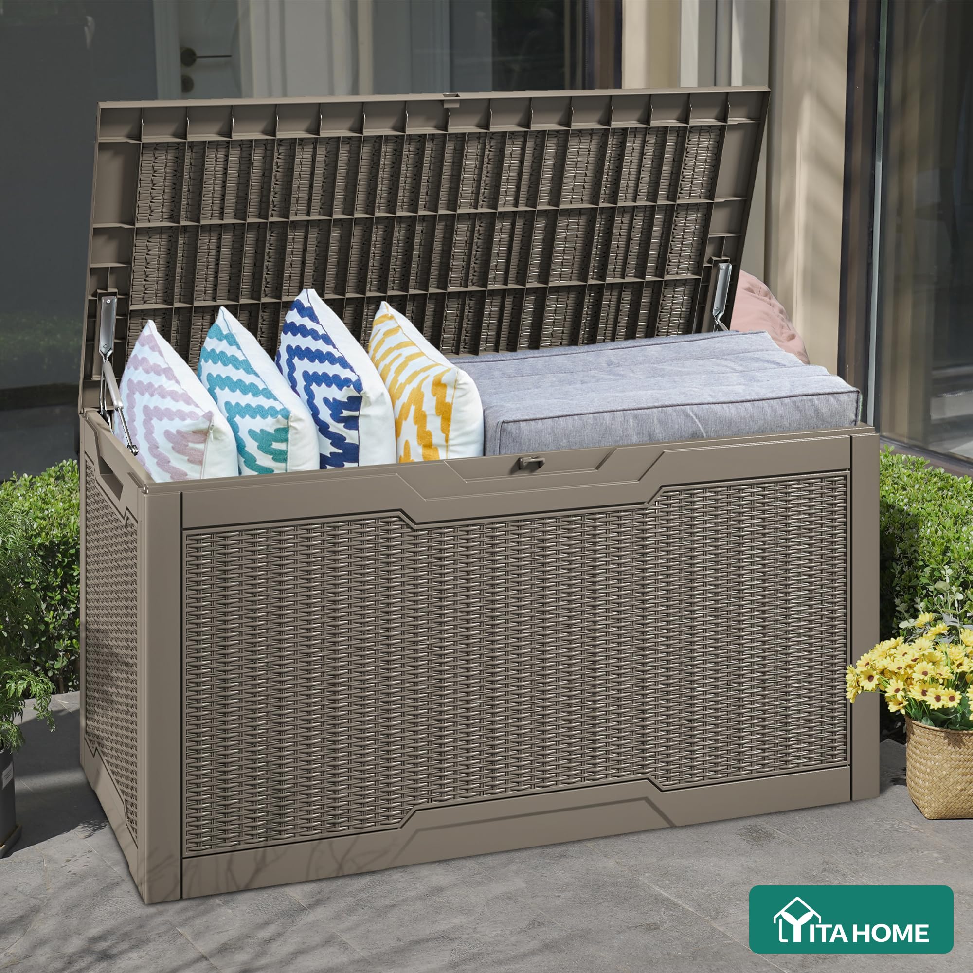 YITAHOME 380L Grande Caja de Almacenaje de Jardín, Resina Arcón de Ordenación Exterior para Muebles de Patio