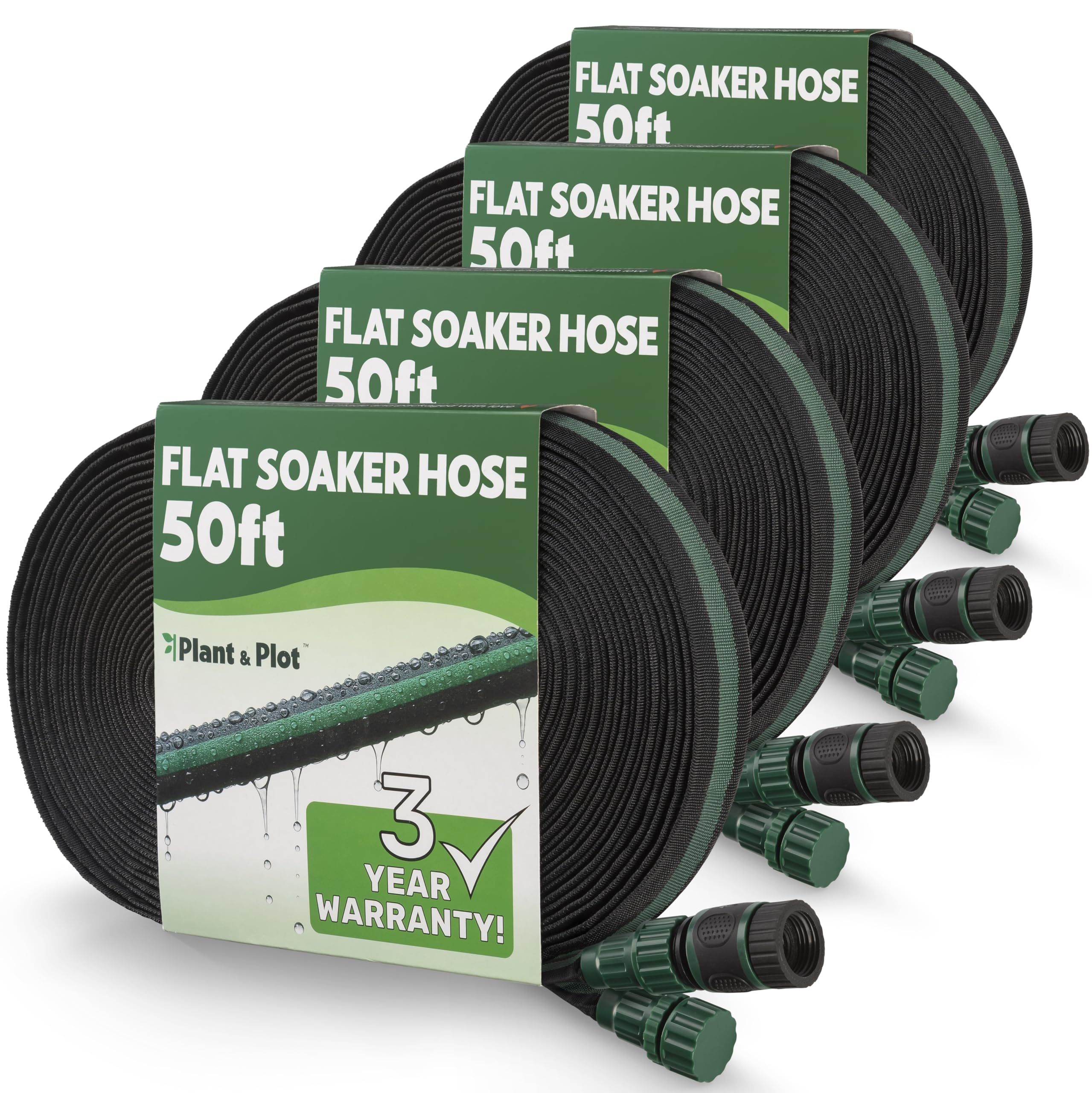 Flat Soaker Hose 200ft (50ft 4-Pack) for Garden // Drip Hose for Garden Beds, Lawns and Trees // Heavy Duty Leakproof Design with Quick Connect // Linkable Irrigation System for Vegetables and Flowers