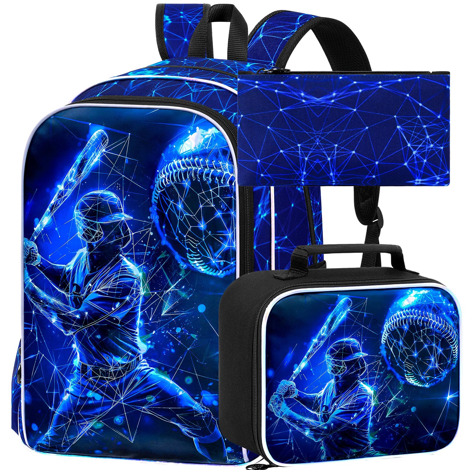 3Pcs Baseball Backpack for School, 17" Boys Bookbag with Lunch Box, Kids Backpacks Set for Elementary Preschool Kindergarten (Blue)