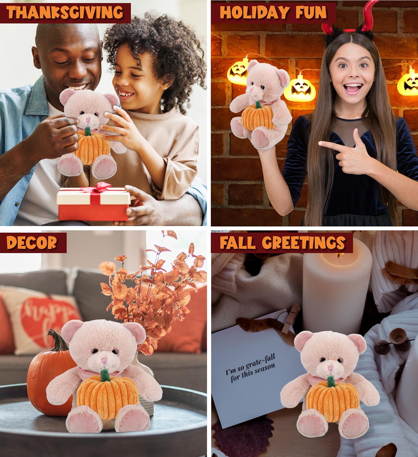DolliBu Super Soft Pink Bear Stuffed Animal with Pumpkin Plush Decor - 8 Inch Plush Toy for Baby, Kids, Adults - Halloween, Thanksgiving, Fall Gift