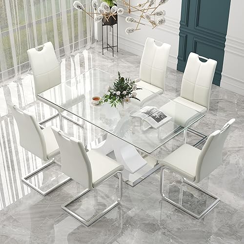 Miniatura 2 de Juego de comedor moderno de cristal de lujo de 7 piezas, juego de cena rectangular minimalista grande para 6, juego de mesa de cocina de vidrio