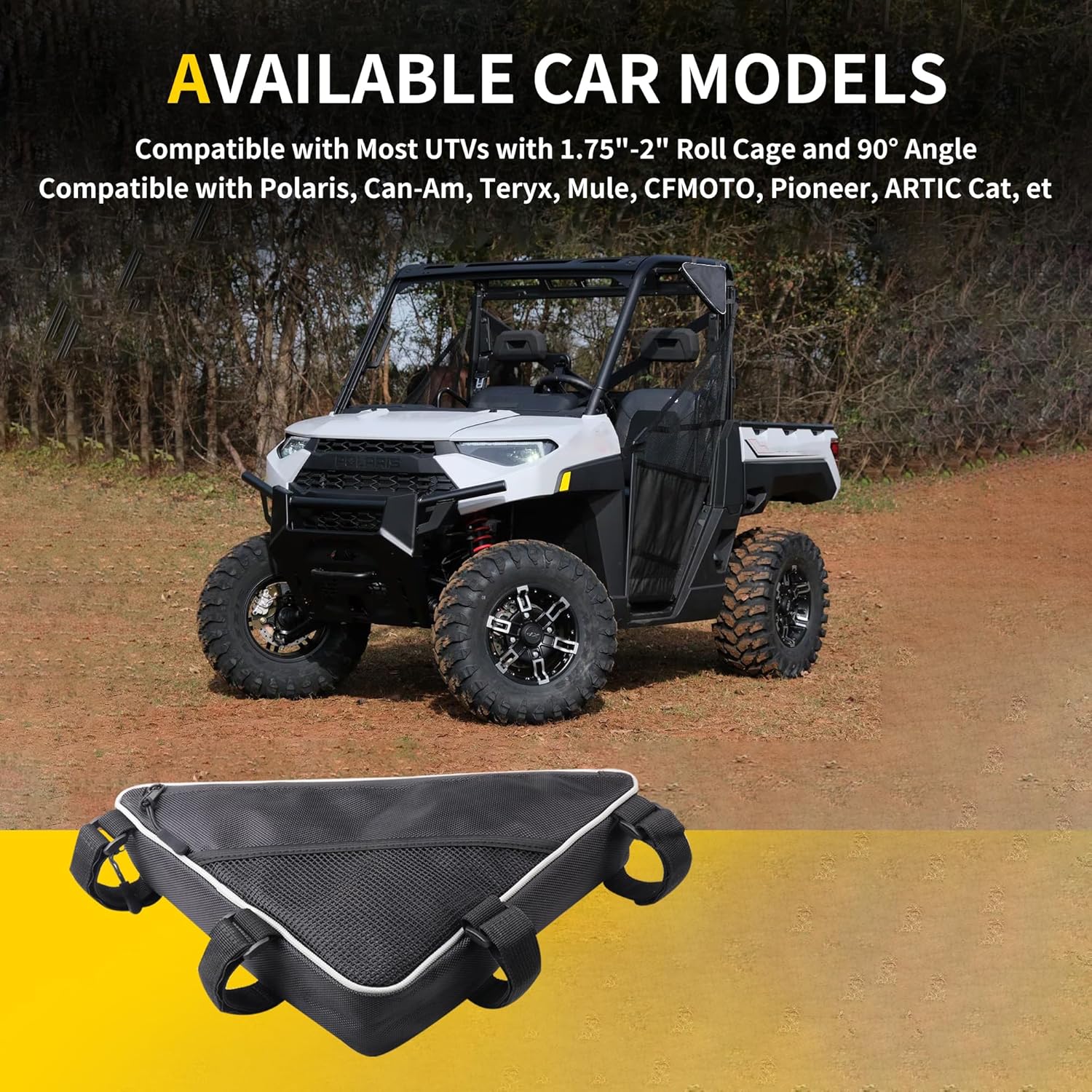 UTV Roll Bar Triangle Storage Bags Waterproof Compatible with Polaris RZR Ranger UTVs, Road and Mountain Bikes Accessories, UTV Tool Bag, 1.75"-2" Roof Roll Cage Organizer, 1 Pack