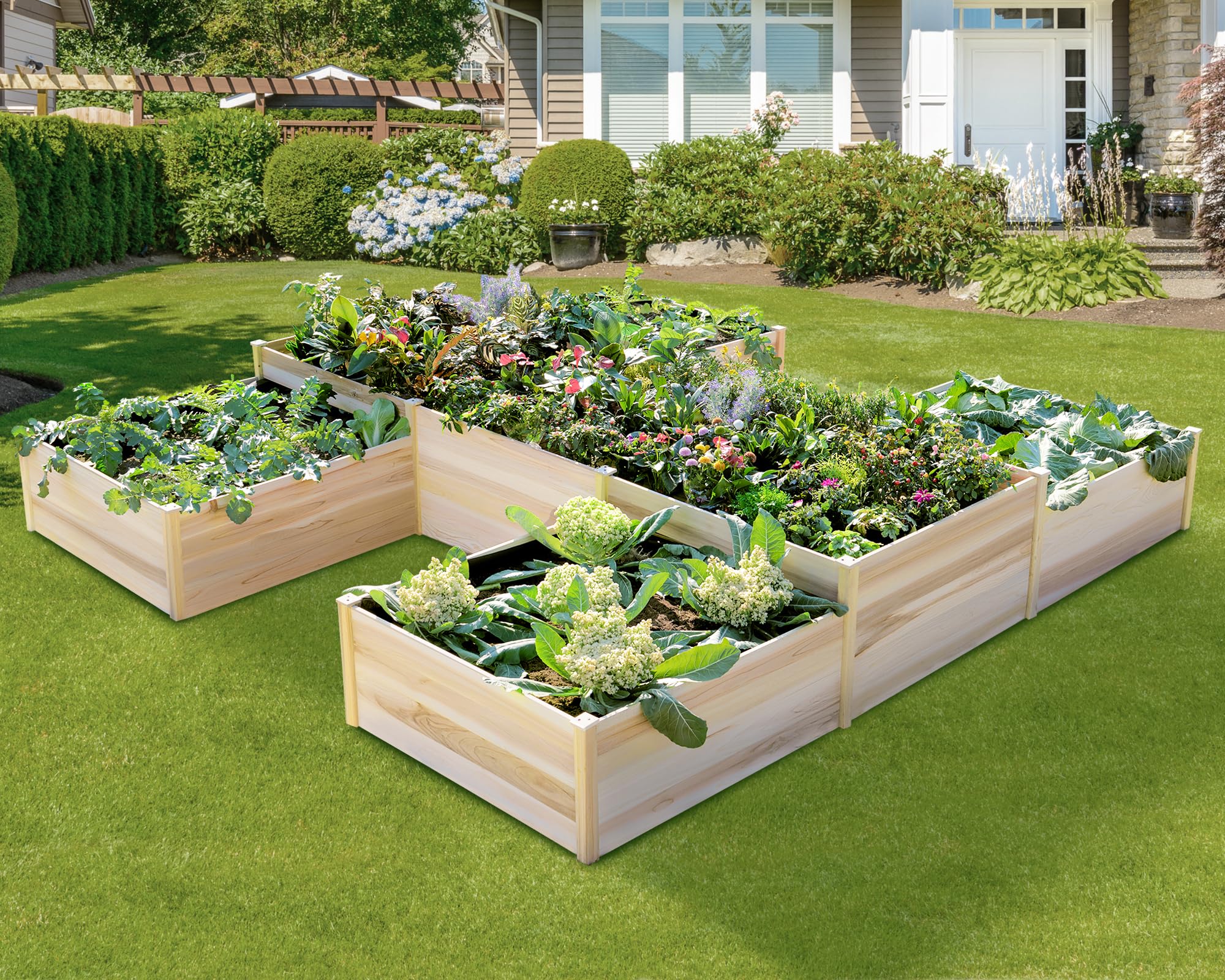 AMERLIFE Raised Garden Bed – 12x12x2 ft H-Shaped Wooden Planter Box, 180 Cu. Ft Capacity, Double-Layer Design for Outdoor Patio, Yard, and Garden Use