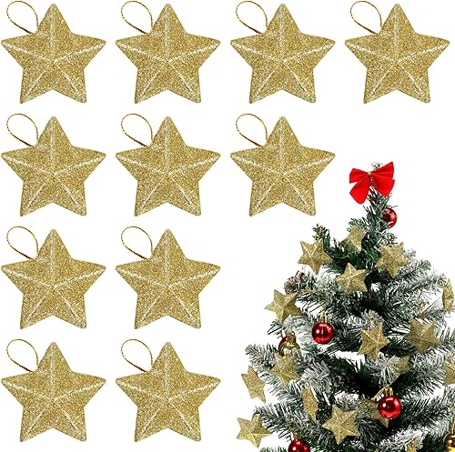 Adornos de estrella con purpurina dorada de 1.9 pulgadas, 30 piezas de mini adornos colgantes de estrella, decoración de árbol de Navidad, colgante