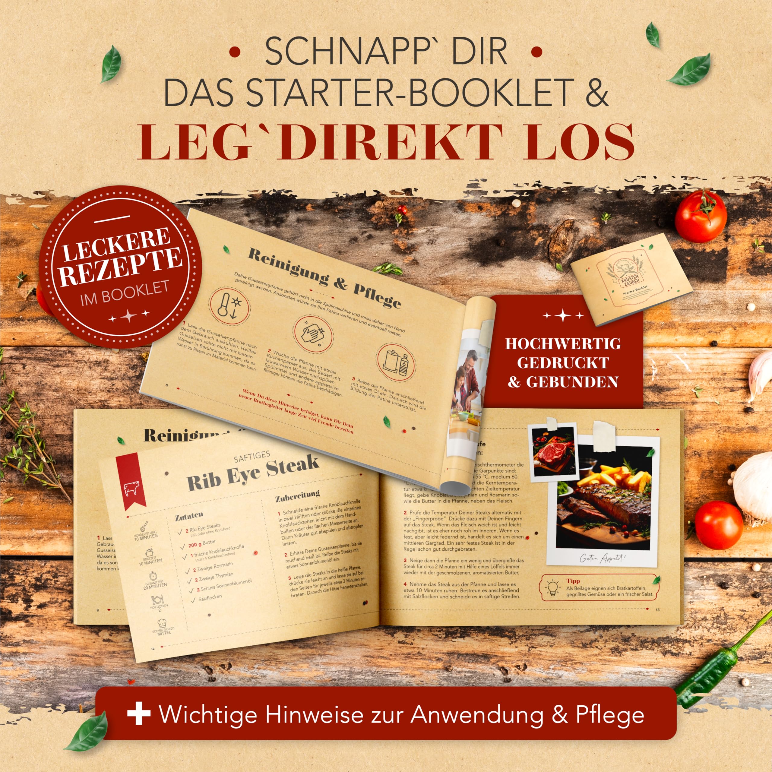 KRUSTENZAUBER Gusseisenpfanne Induktion 28cm inkl. Anleitung und Rezeptbuch - Geschliffene Pfanne Gusseisen, Eisenpfanne, Cast Iron Pan, Gusspfanne, Gusseiserne Pfanne, Gusseisen-Pfanne, Gusspfanne
