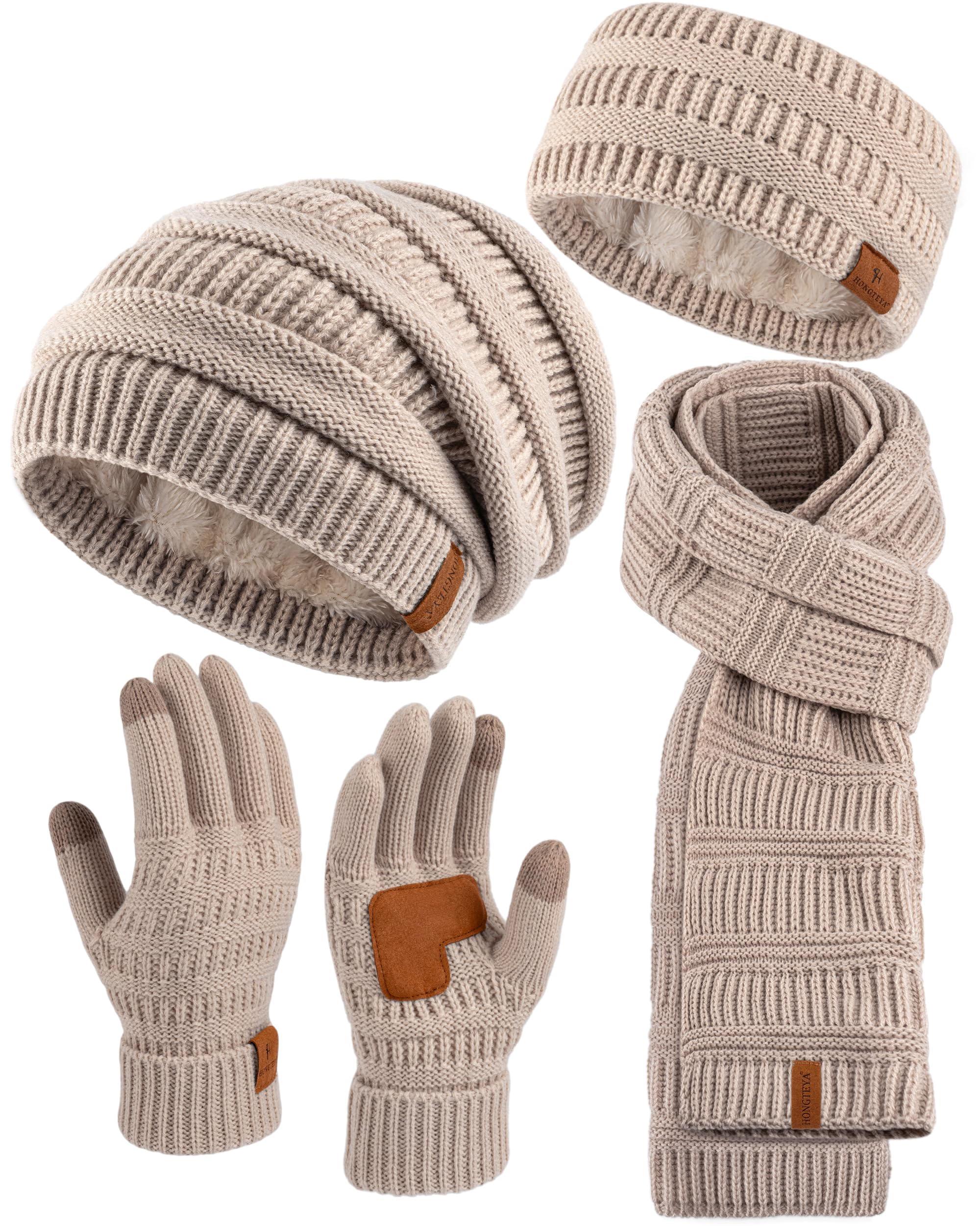 Women Beanie Scarf Gloves Headband Set Winter Hats Fleece Lined Scarf Touchscreen Gloves Ear Warmer Knit 4 Gift Set-image-42