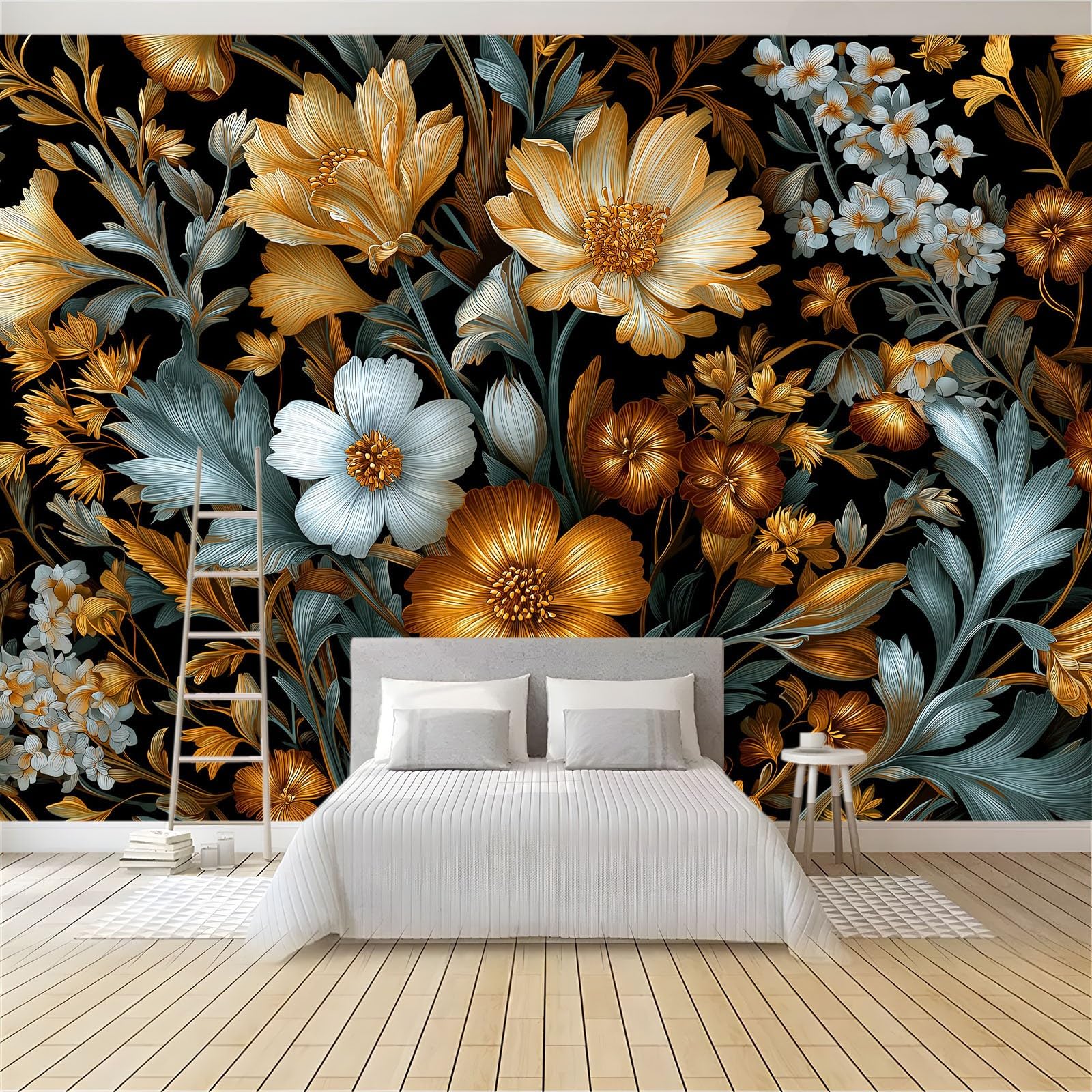 Générique Tapeta panoramiczna 3D w stylu vintage kwiaty rośliny liście ciemnozielona 350 x 256 cm, tapeta z włókniny - fresk ścienny do salonu, sypialni i biura, dekoracja ścienna druk HD