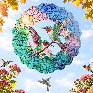 Hummingbird Wind Spinner, 12 Inch Stainless Steel Metal Wind Spinners, 3D Kinetic Hanging Sculpture, Indoor/Outdoor Garden Decor, Yard Art, Hummingbird Gifts for Women, Men, Mom, Dad, Grandma