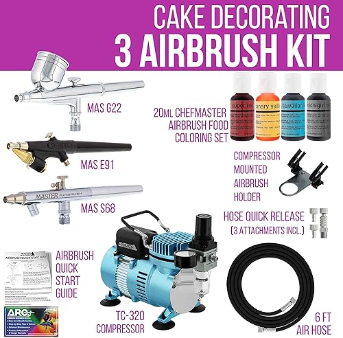 Miniatura 2 de Master Airbrush Kit de decoración de aerógrafo para pasteles con compresor de aire Cool Runner II, 3 aerógrafos, alimentación por gravedad y sifón,