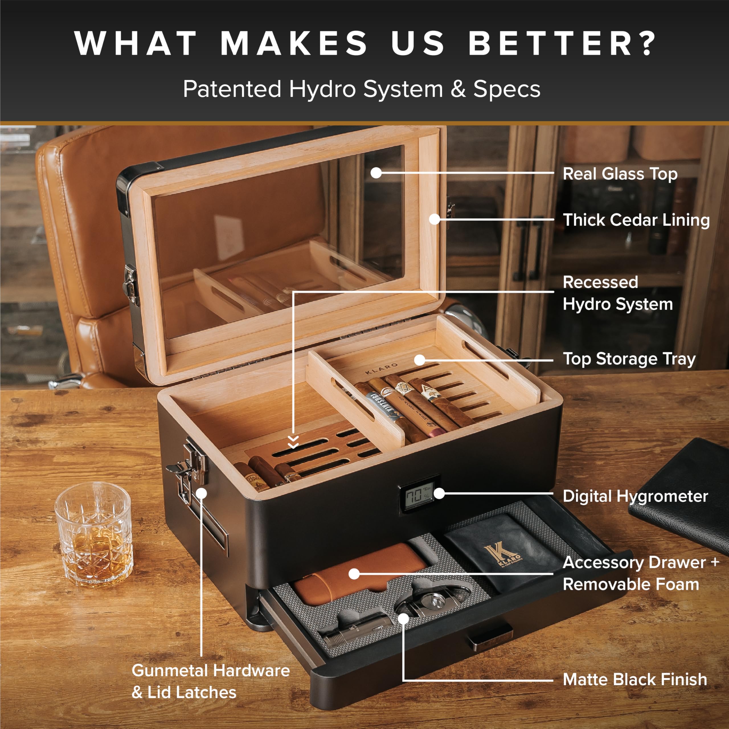 Case Elegance Black Edition Humidor mit Glasplatte und digitalem Hygrometer Front-Hygrometer, spanische Zeder, Zigarrenlösung, Hydro-System und Schaumstoffschublade für Zubehör für 50-100 | Digitales Hygrometer, spanische Zeder, Humidorlösung