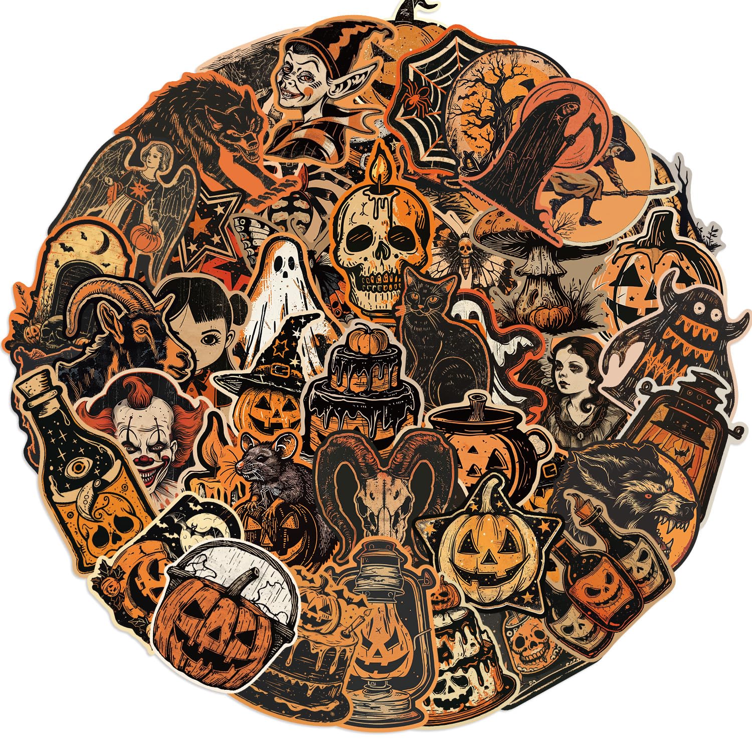 50Pcs Retro Halloween Stickers Laptop Car Scrapbook Phone Skateboard Suitcase Luggage Bike Cute Halloween Vinyl Waterproof Aesthetic Personalised Stickers for Teens Boys Girls Adults