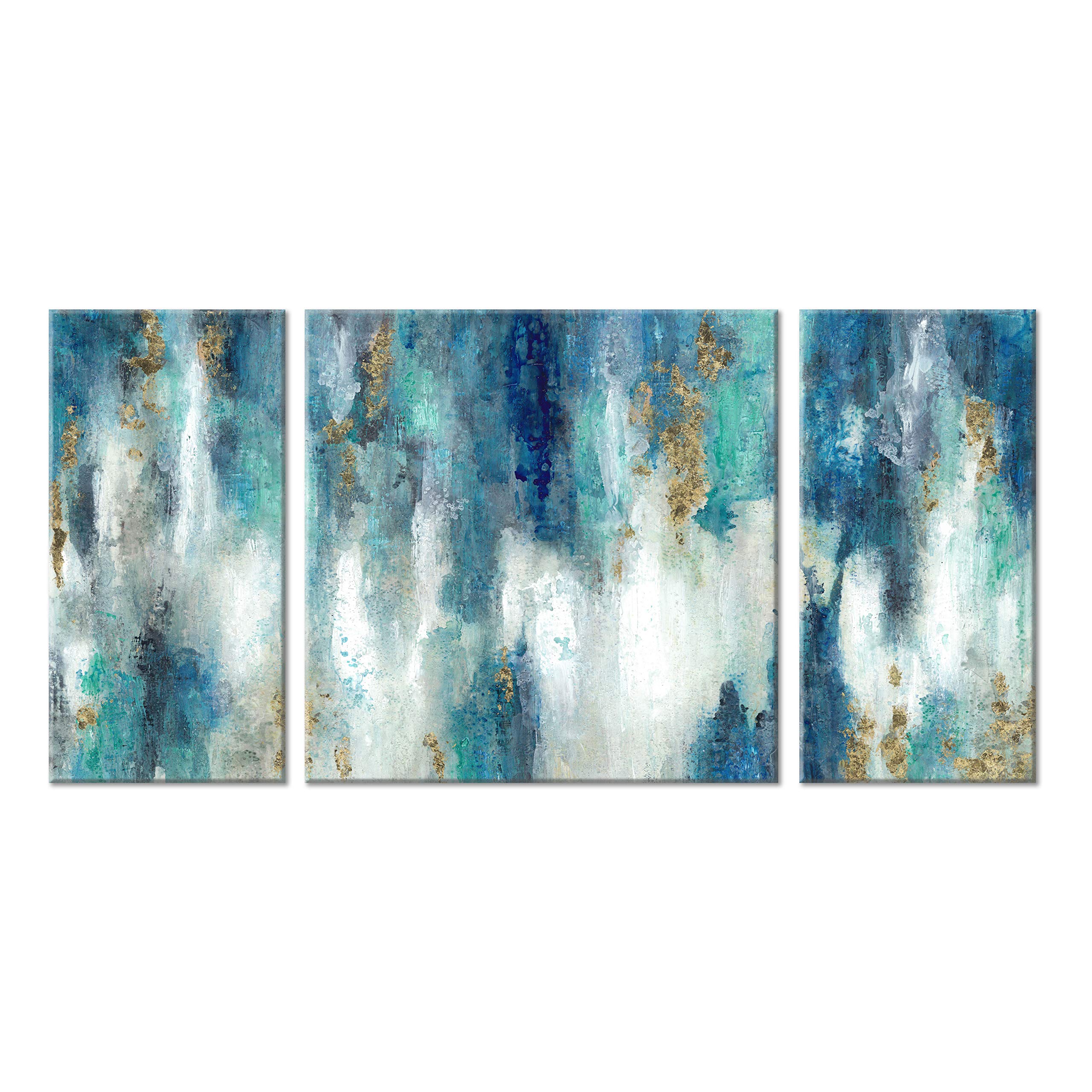 UTOP-art Abstract Canvas Wall Art Painting: Hand Painted Gold Foils Textured Blue Picture Artwork for Living Room (16'' x 32'' x 2PCS + 32'' x 32'' x 1PCS)
