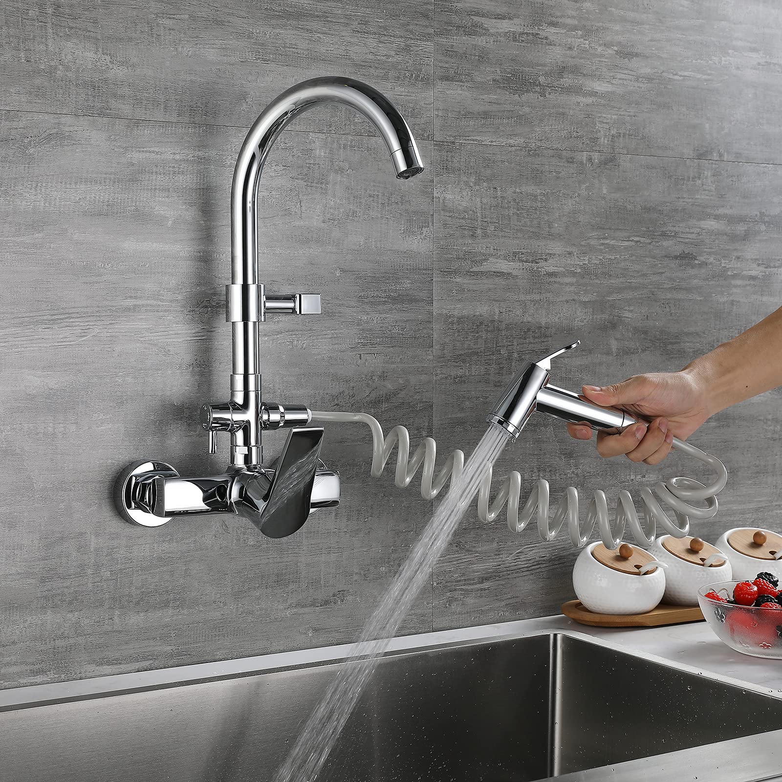 Tipo de Cocina en la Pared grifería multifunción Pistola de Lavado pileta de la Piscina Fregadero Doble Agujero Grifo Caliente y fría (Tipo de Pared)