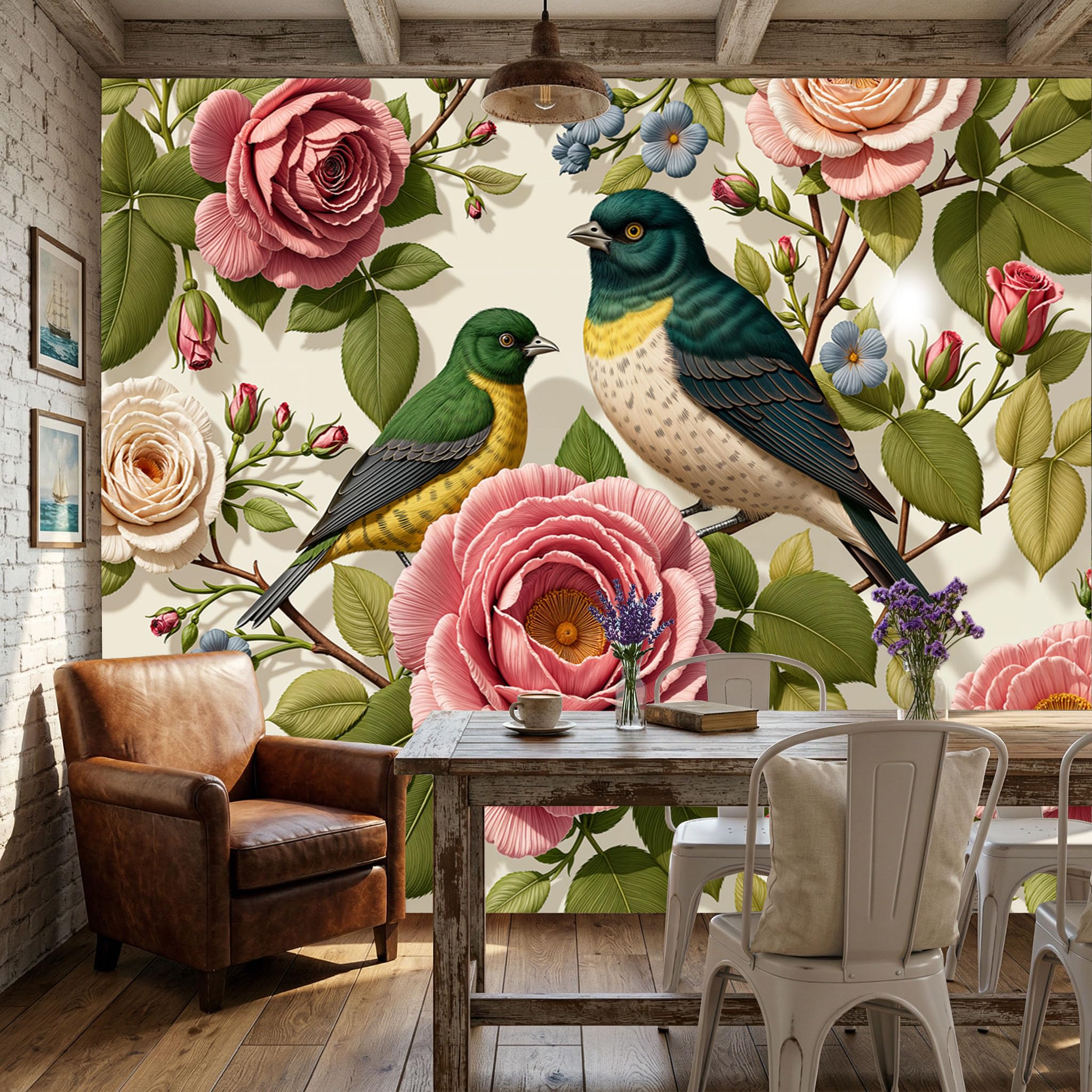 Papier peint panoramique 350x256cm motif floral oiseau vintage rose tableaux