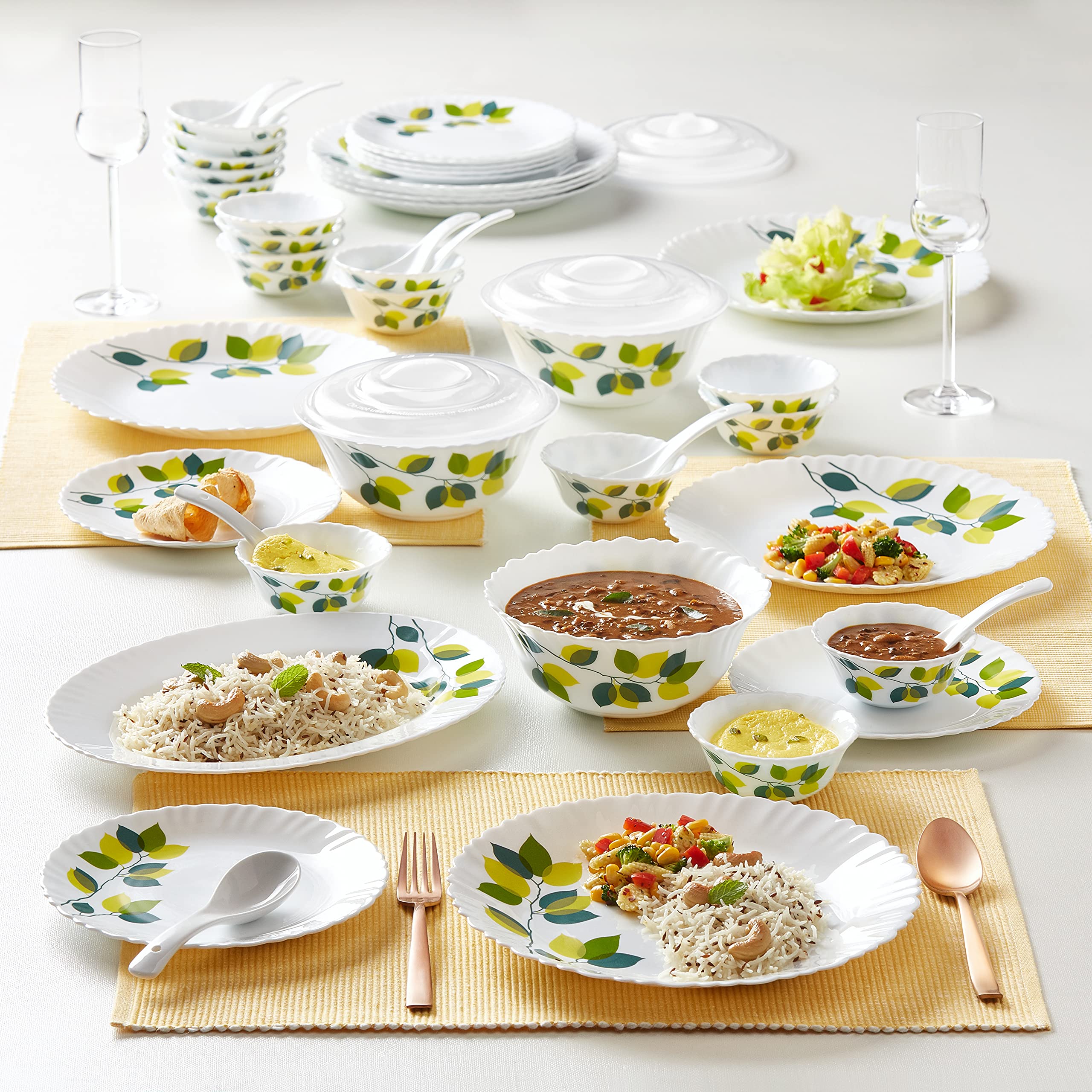 Larah by Borosil Green Leaves Silk Series Opalware Dinner Set | 47 Pieces for Family of 8 | Microwave & Dishwasher Safe | Bone-Ash Free | Crockery Set for Dining & Gifting | Plates & Bowls | White (B097HPH5X4) Amazon Price History, Amazon Price Tracker