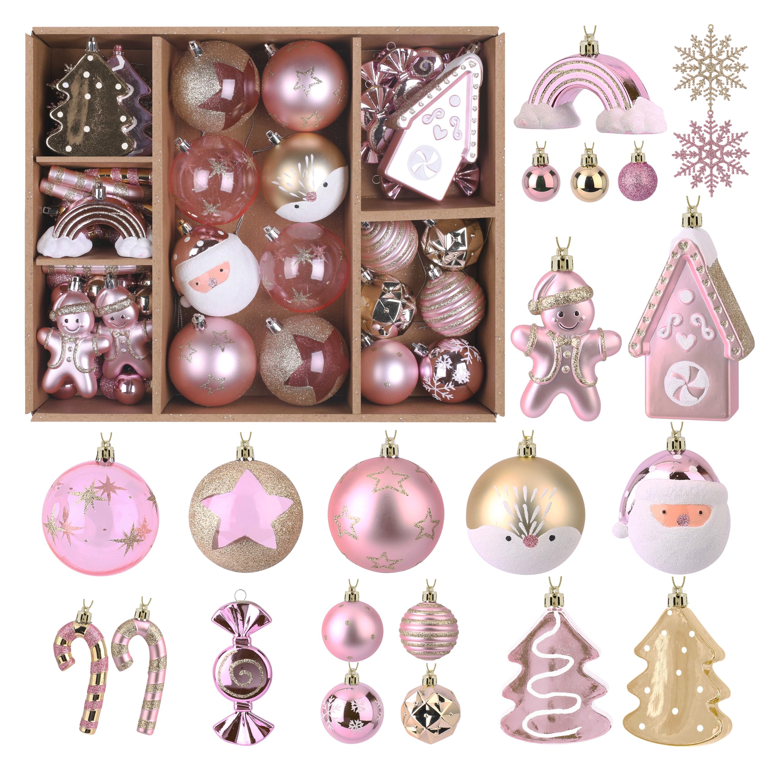 Alupssuc 65pcs Christmas Balls Ornaments Set, Shatterproof Plastic Baubles Gingerbread House, and Tree Topper for Xmas Tree Holiday Wedding Party