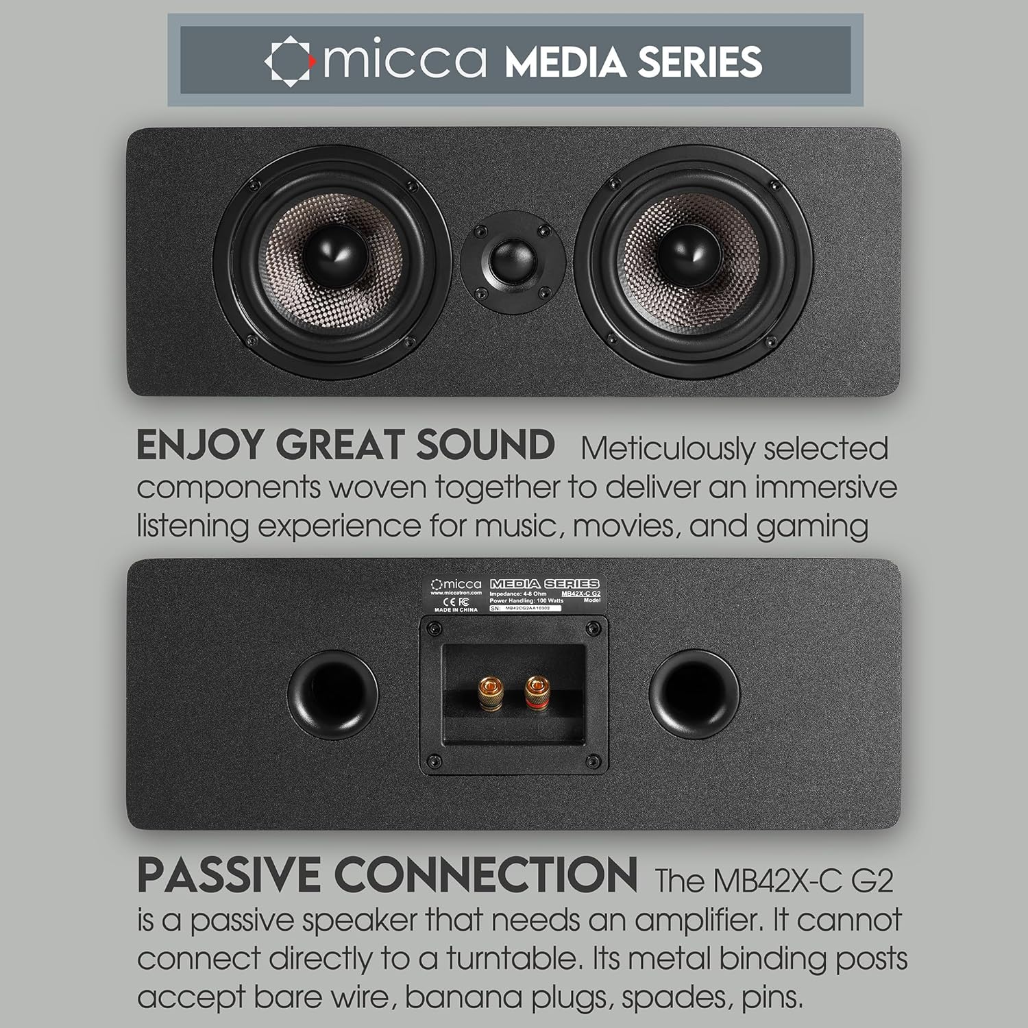 Micca MB42X-C G2 Center Channel Speaker for Home Theater Surround Sound, 2-Way Passive Speaker (Black, Each)