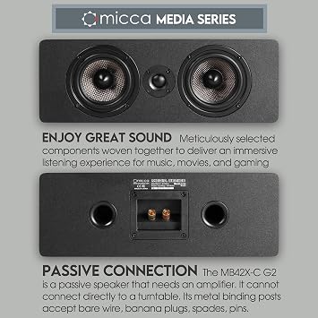 Micca MB42X-C G2 Center Channel Speaker for Home Theater Surround Sound, 2-Way Passive Speaker (Black, Each)