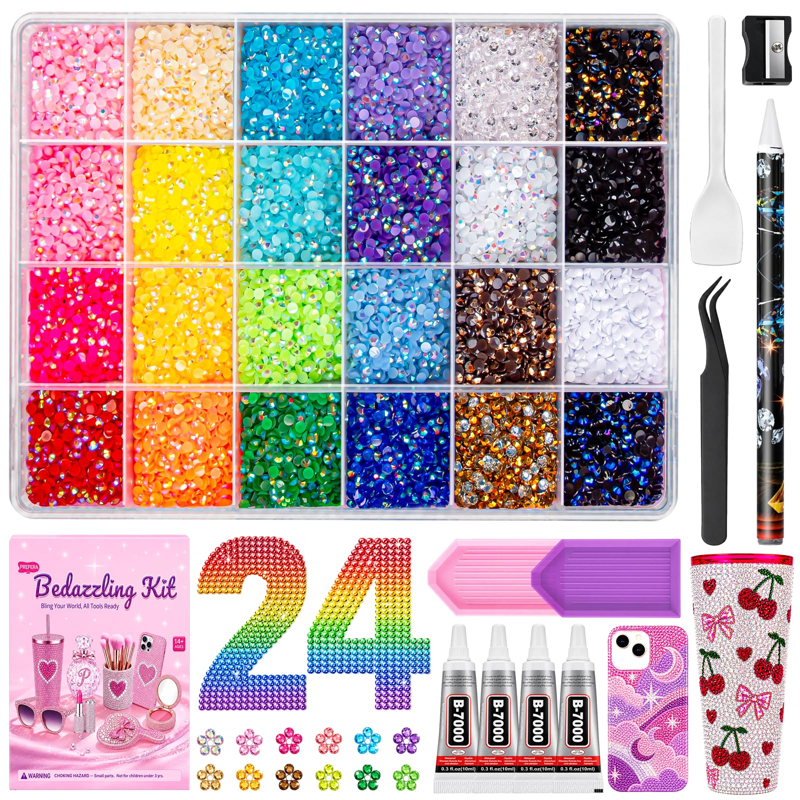 36000Pcs Bedazzling Kit with Rhinestones, 24 Colors 3mm Resin Jelly Flatback Gems, All-in-One Bedazzler Kit with 4Pcs B7000 Glue & Tools, DIY Diamond Art Craft Kit for Clothes Shoes Phone Cases Gifts