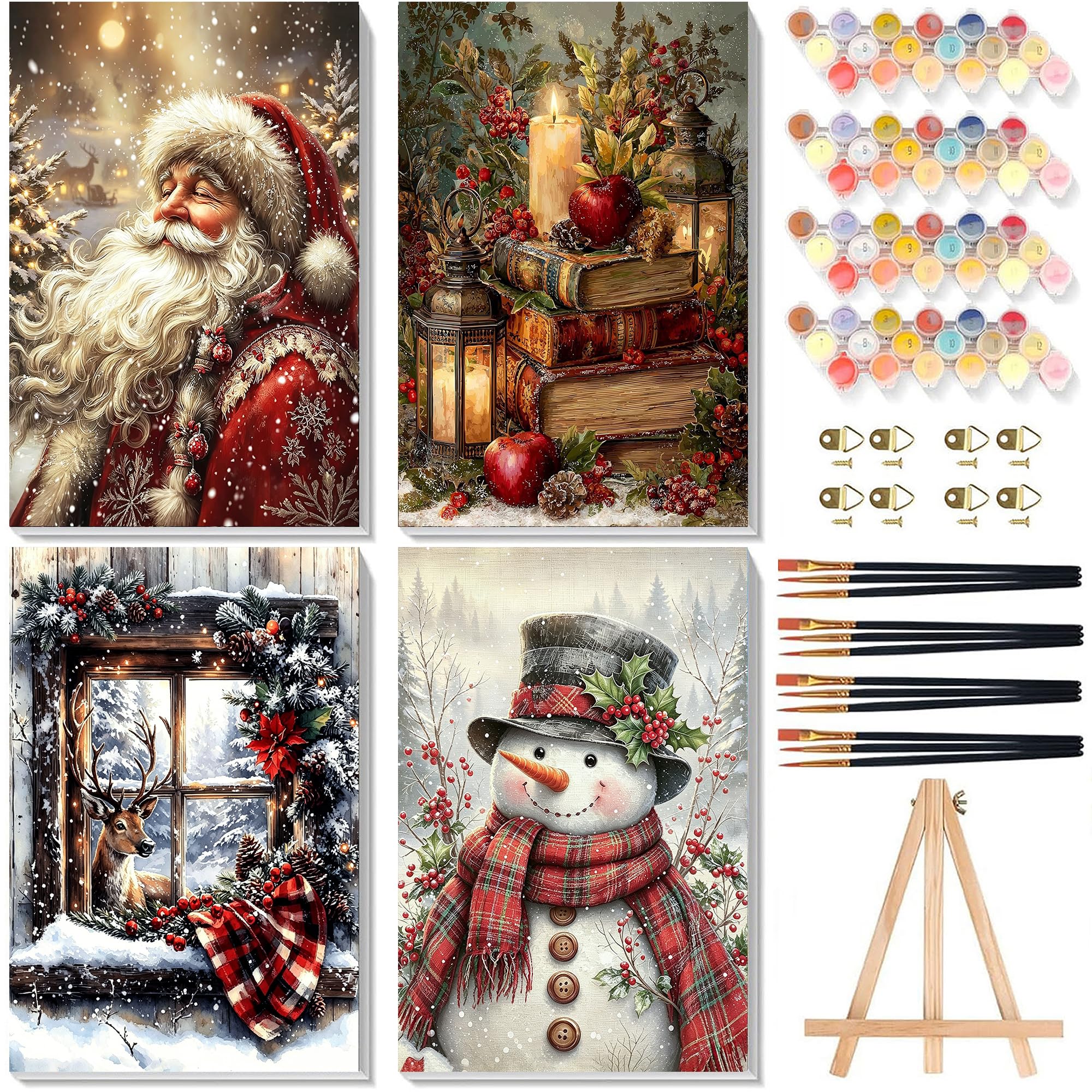Christmas Paint by Numbers for Adults with Framed Canvas & Wooden Easel, 4 Pack Painting by Number Kit Beginners on Canvas, Xmas Acrylic Oil Painting Kit with Brush for Home Wall Decor (8x12 inch)