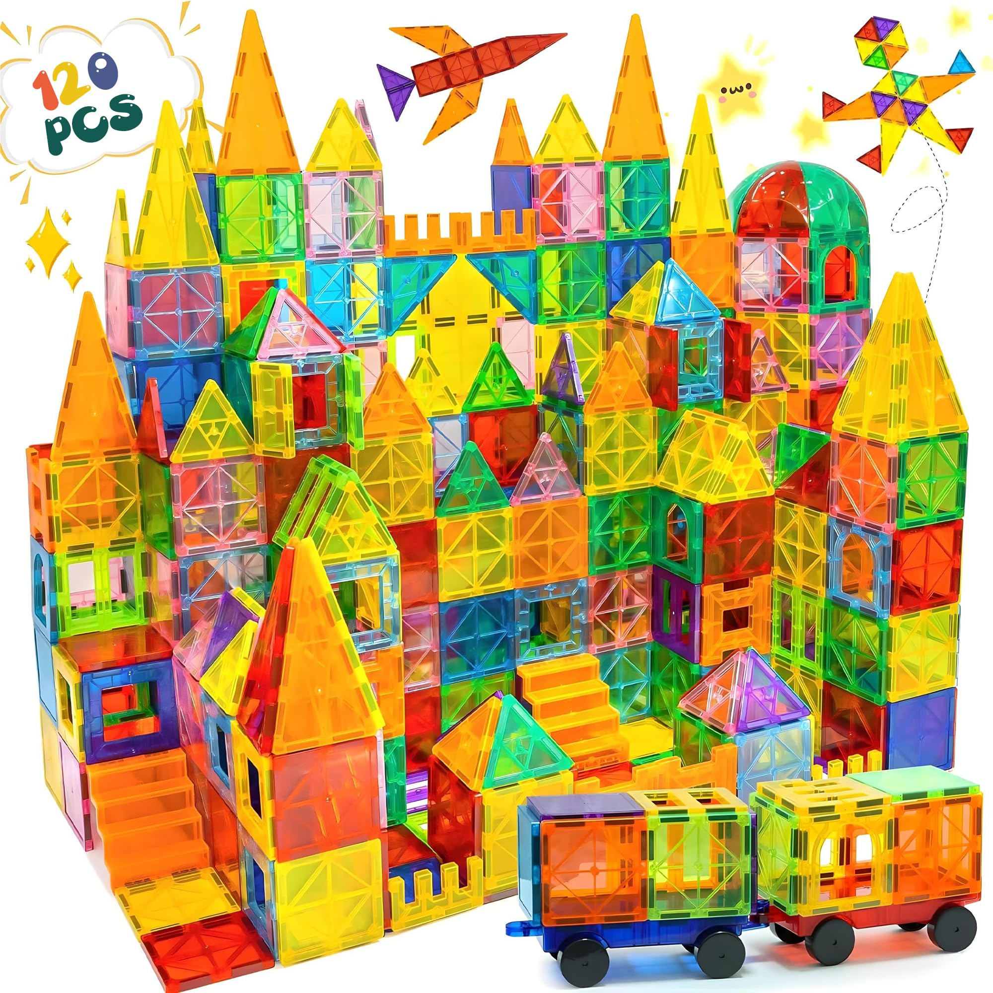 Olvy Magnetische Bausteine Montessori Spielzeug - 120 Magnetic Tiles Kinder - Magnetisches Konstruktionsspielzeug Ab 3 Jahre - Smart Playground Magnetbausteine, Magnetset Kinder (120 Magnetic Tiles)