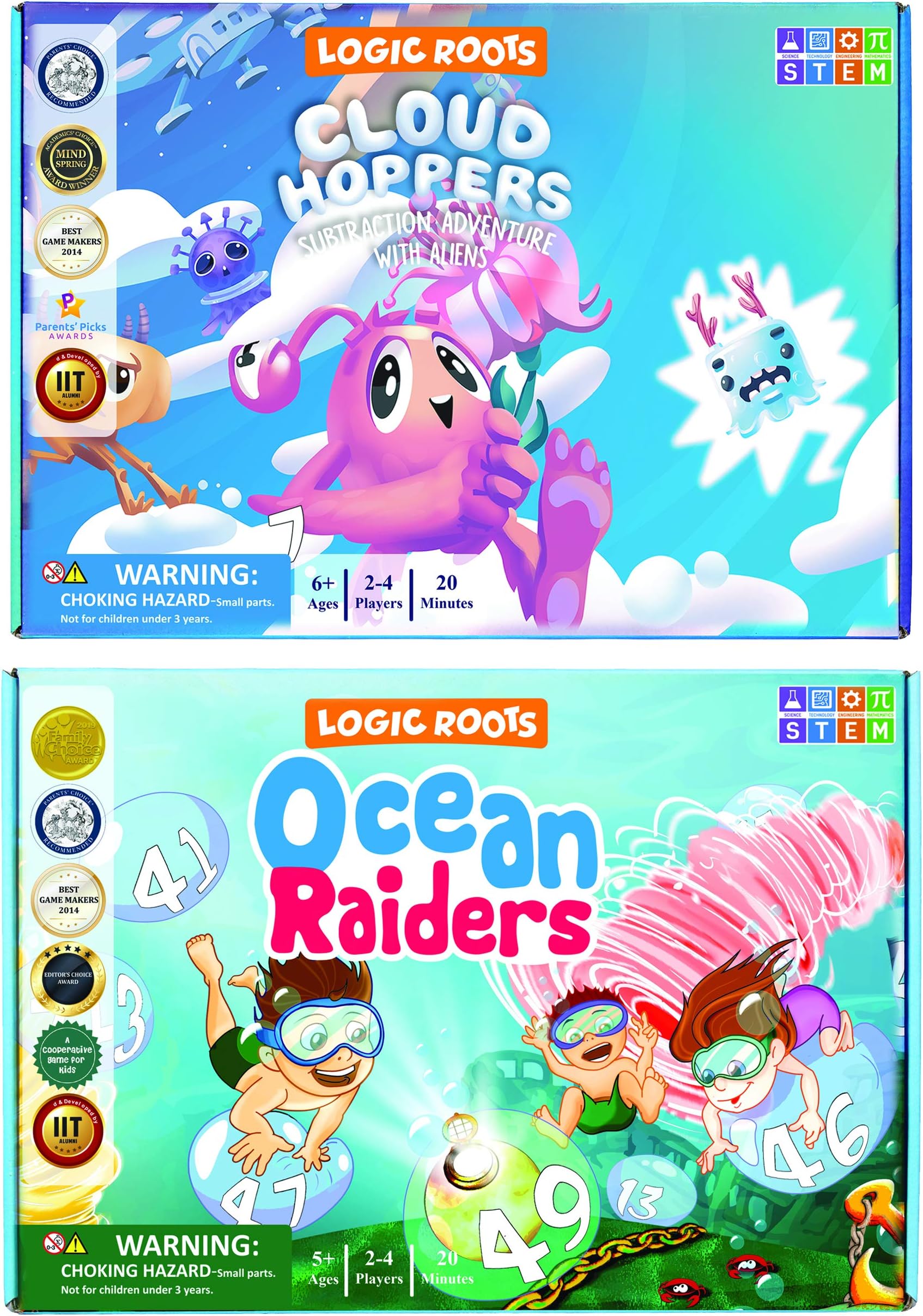 Logic Roots Addition and Subtraction Game - Fun Math Board Game for 6-8 Year Olds, Easy to Play Educational Game for Kids at Home, STEM Toy Gift for Girls & Boys (Ocean Raiders + Cloud Hoppers)