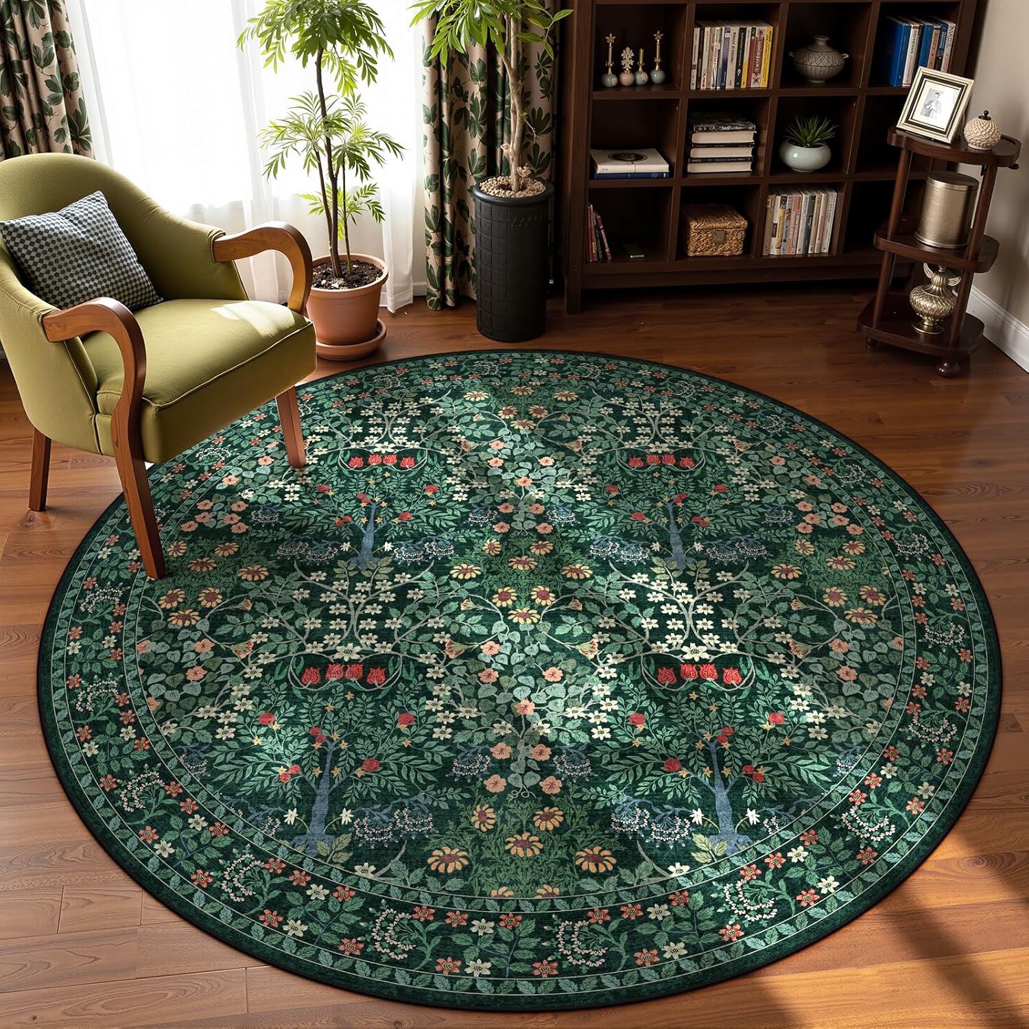 8' Round Area Rug - Floral Vintage Forest Washable Low Pile Non-Slip Carpet for Living Room, Bedroom, Dining Room, Office (Dark Green)