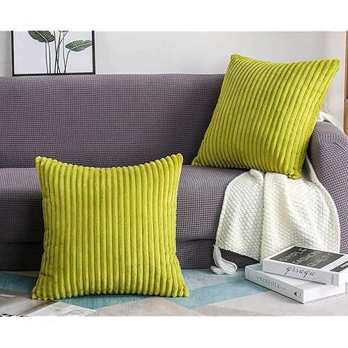 TangDepot, Set of 2 Soft Plush Velvet Big Striped Corduroy Solid Decorative Throw Pillow Covers, Square Pillow Covers - (16"x16" 2 Pieces, A70 Green)