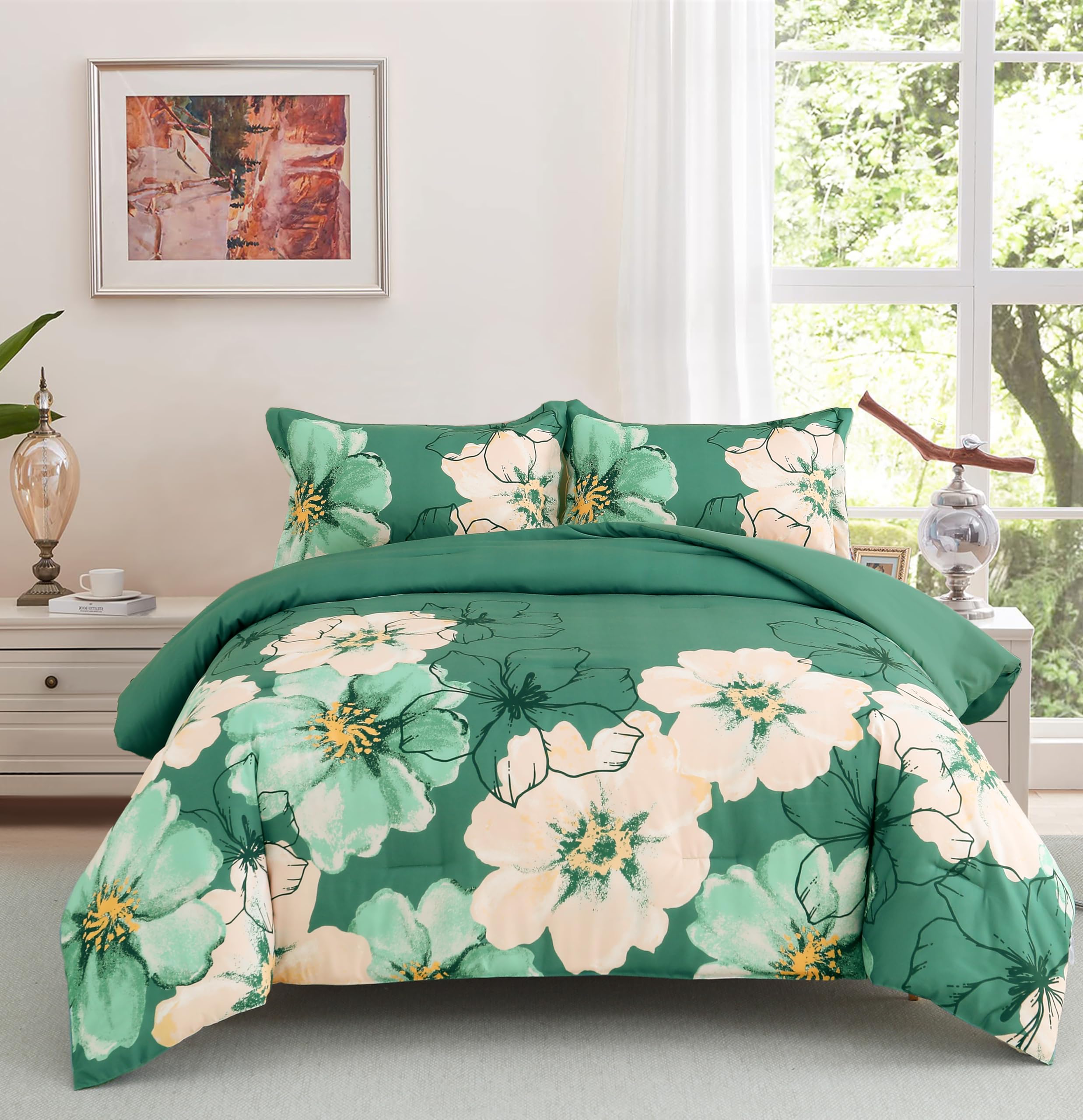 Edredón verde King de microfibra suave juego floral reversible de 3 piezas ligero