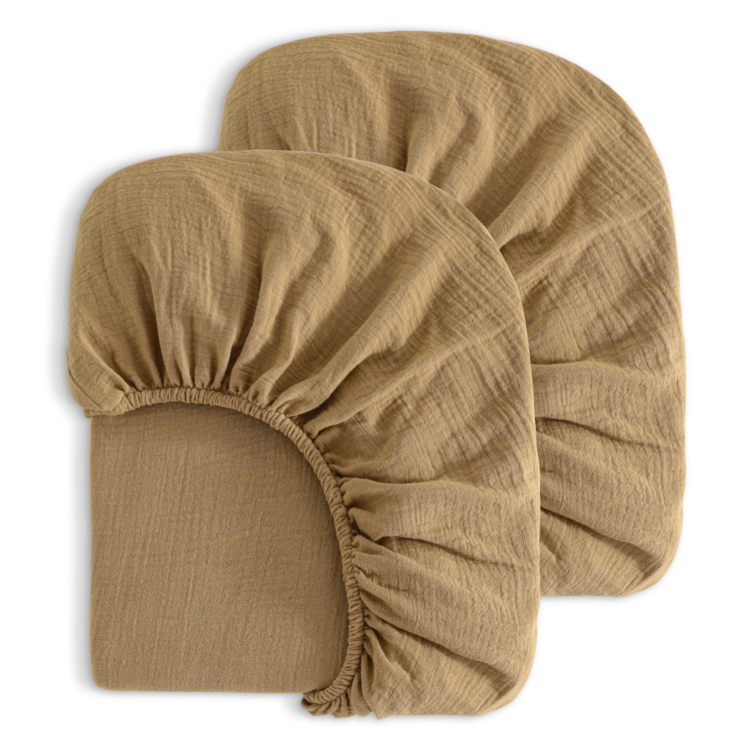 NTBAY Crib Muslin Fitted Sheets, 2 Pack, 28 x 52, Brown | Double-layer Muslin Cotton Sheets with Full Elastic for Compatible 28 x 52 Inch Standard Crib Mattresses, 2 Fitted Sheets