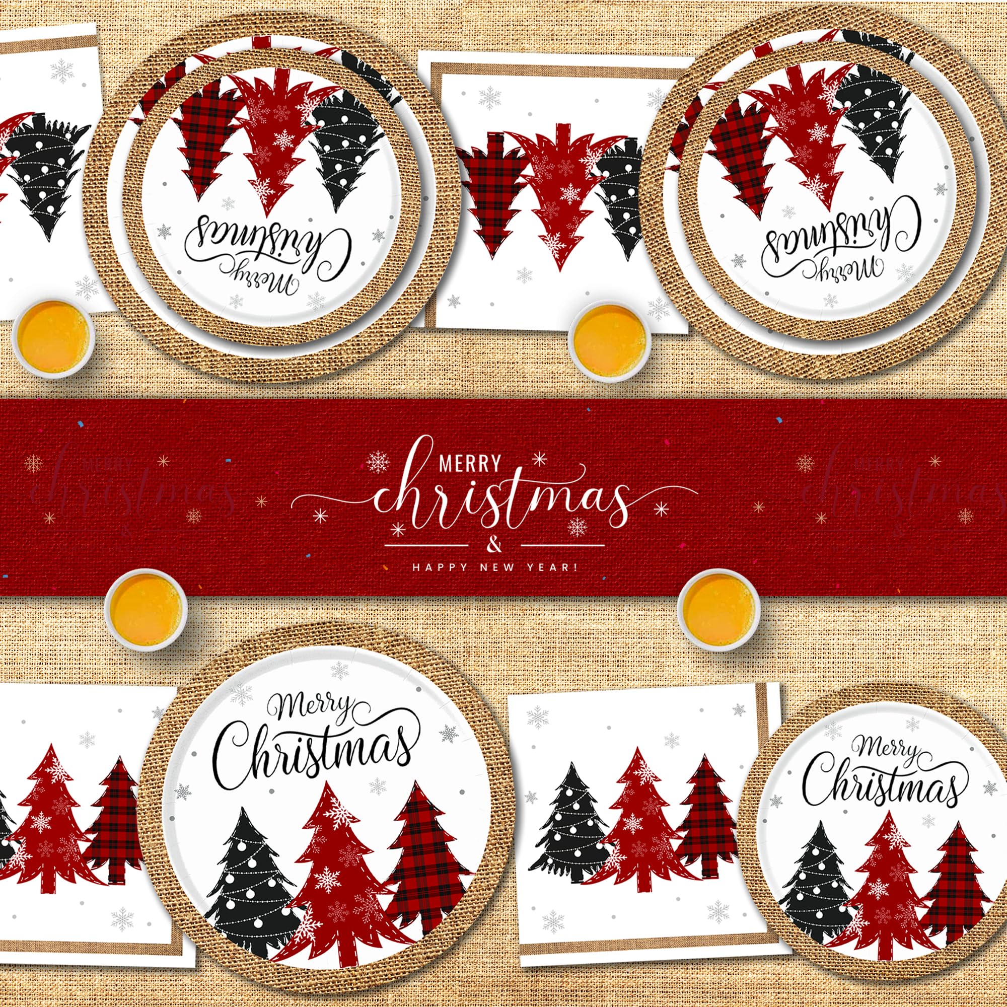 Platos y servilletas de papel de Navidad, platos de Navidad desechables (sirve para 25), platos y servilletas de árbol de Navidad incluye platos llanos, platos de postre, servilletas y tazas,