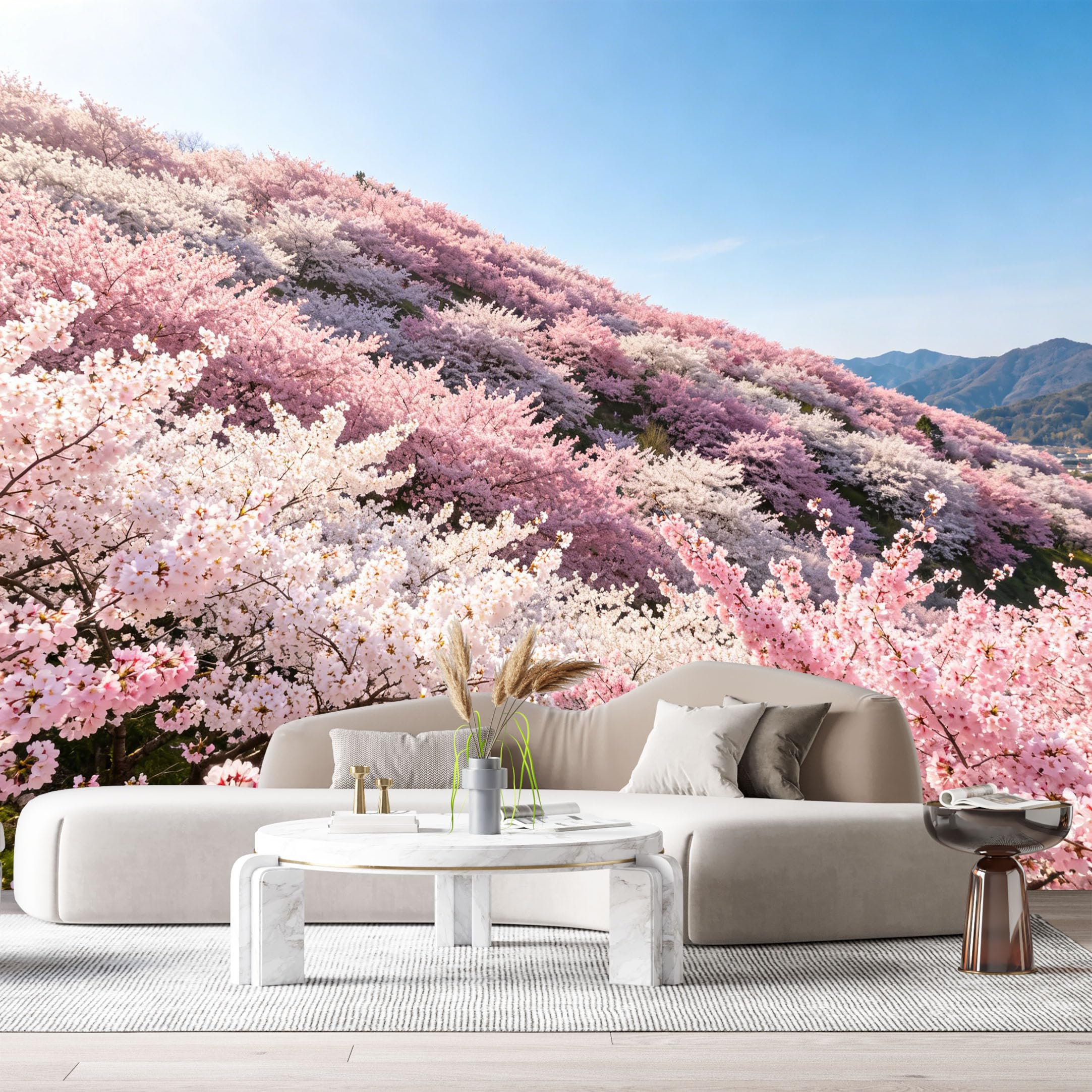 Custom Size Wall Murals Cherry Blossom Landscape Botanical Blooming Sakura Hills Spring Mountain View SelfAdhesive Wall Fabric Removable Large Wallpaper for Photo Living Room